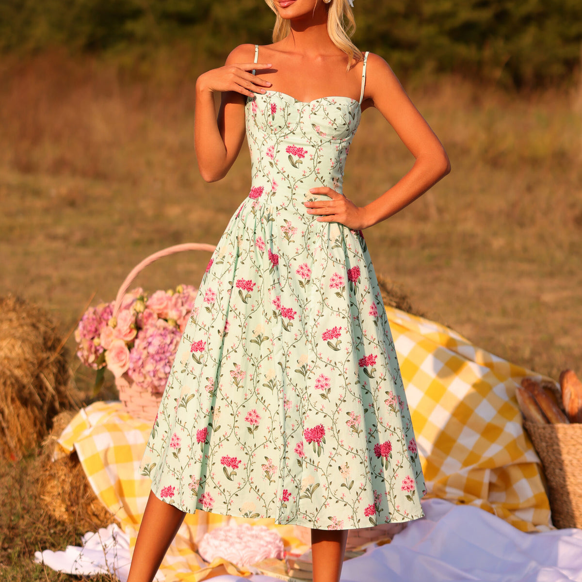 MEADOWA Mint Green Floral Corset Midi Dress