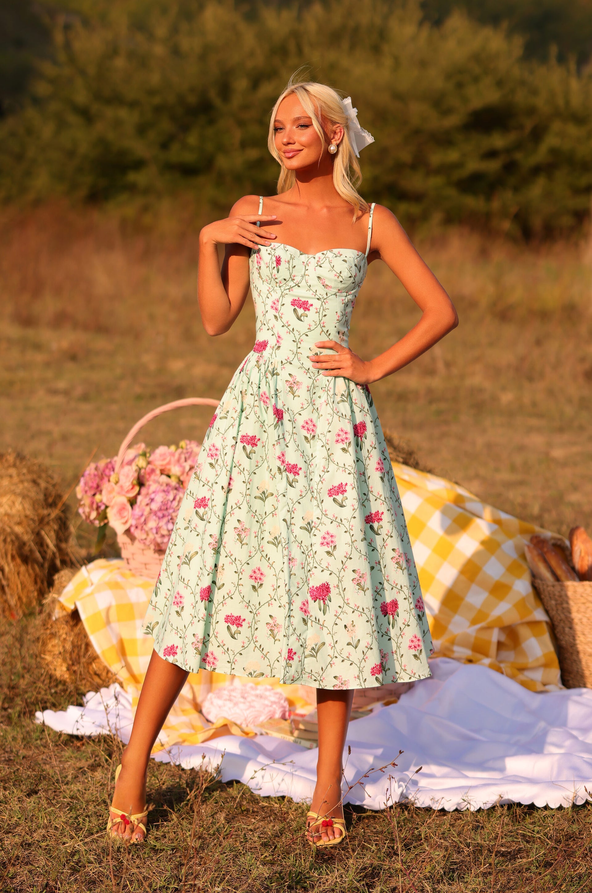 MEADOWA Mint Green Floral Corset Midi Dress