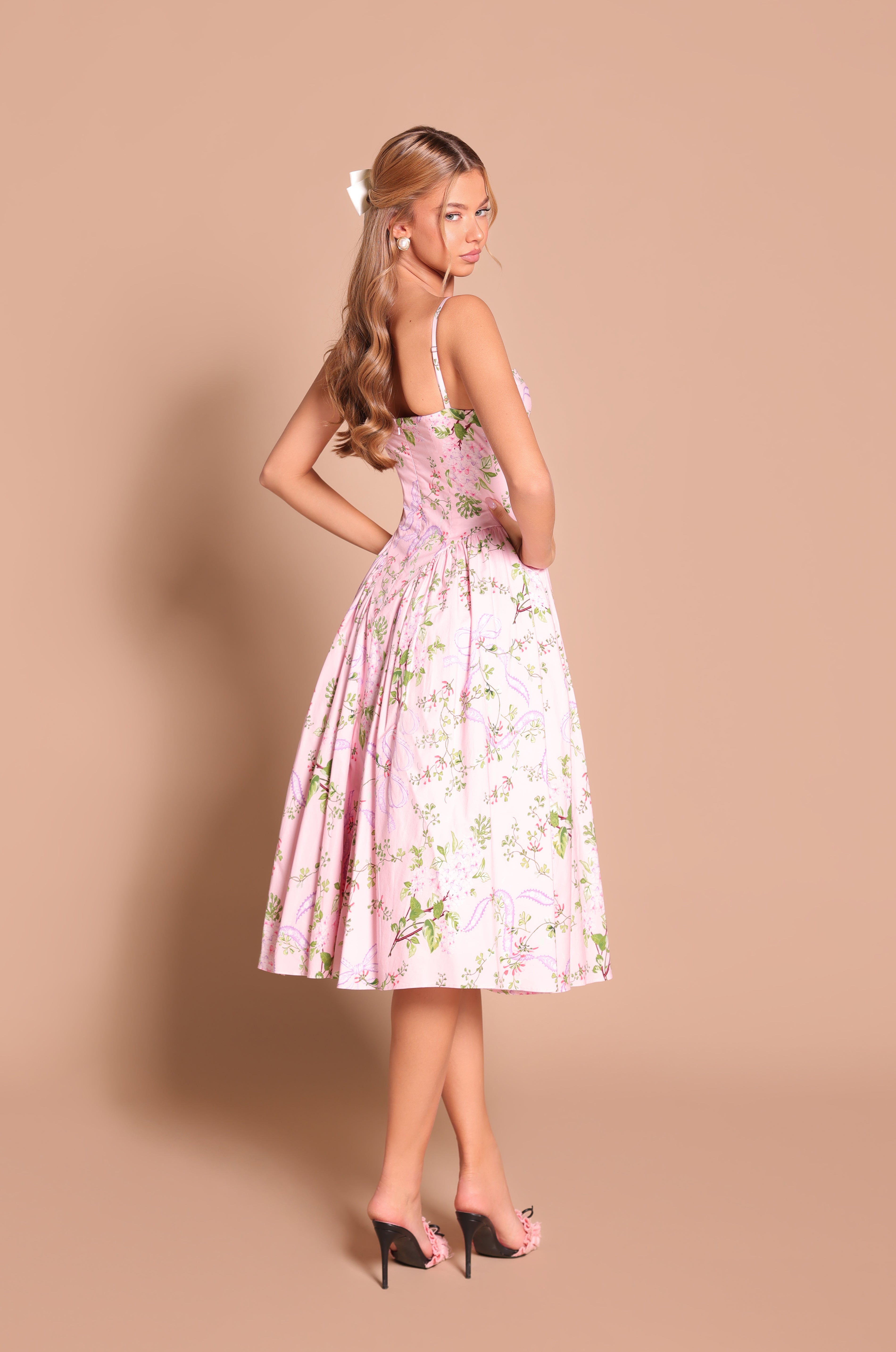 Blush pink floral corset midi dress with spaghetti straps 