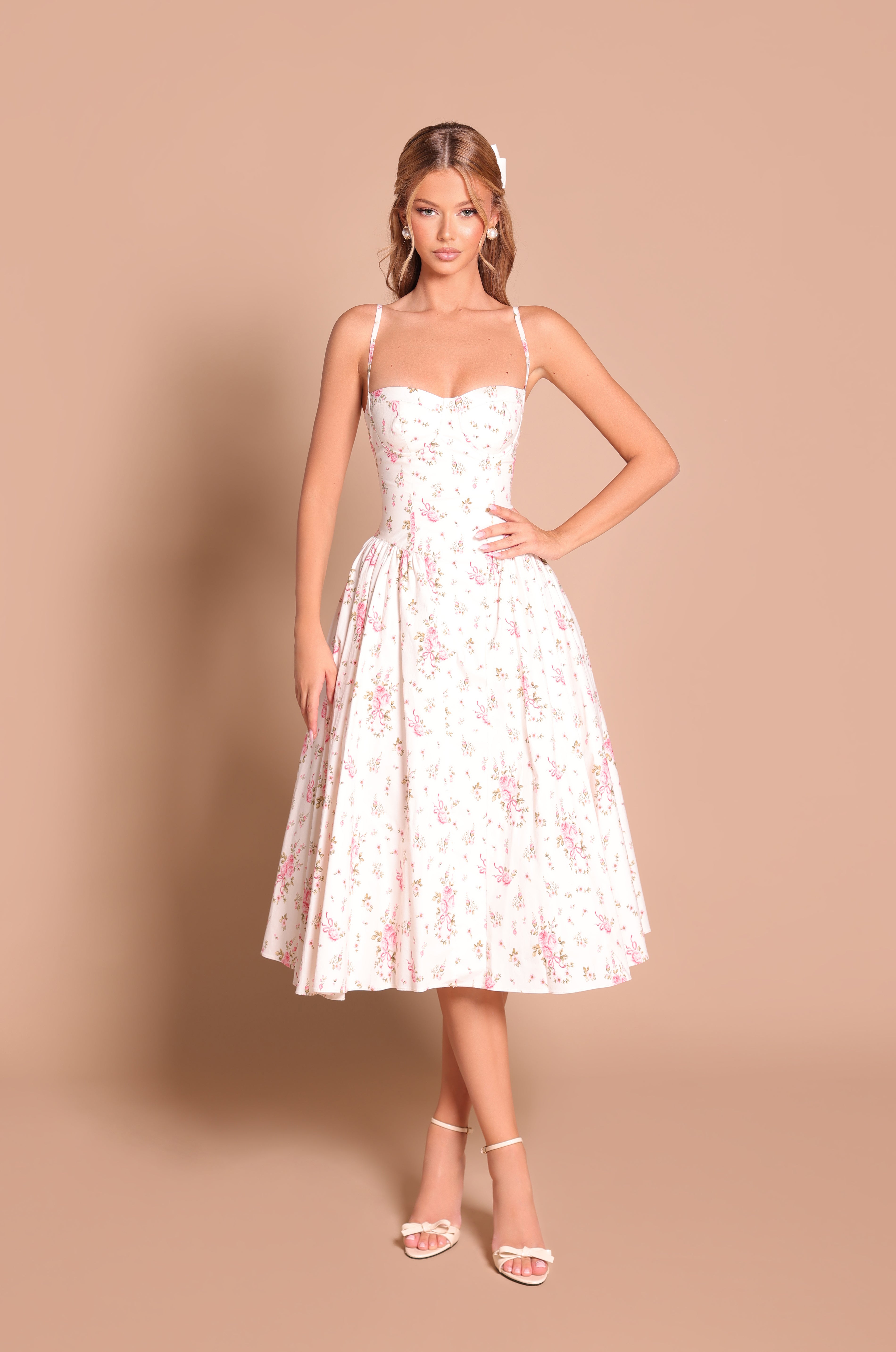 Off-White Pink floral corset midi dress with spaghetti straps 