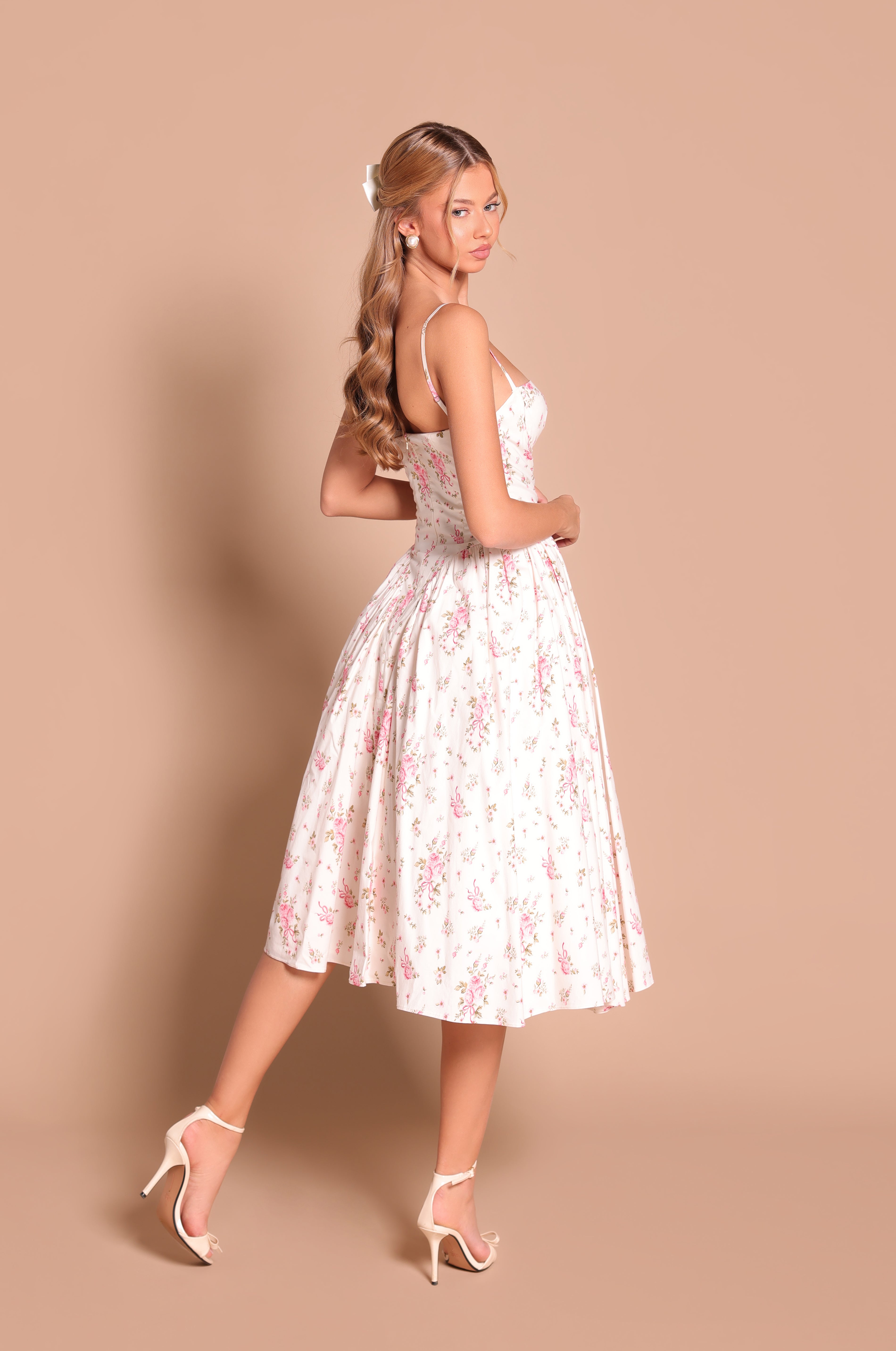 Off-White Pink floral corset midi dress with spaghetti straps 