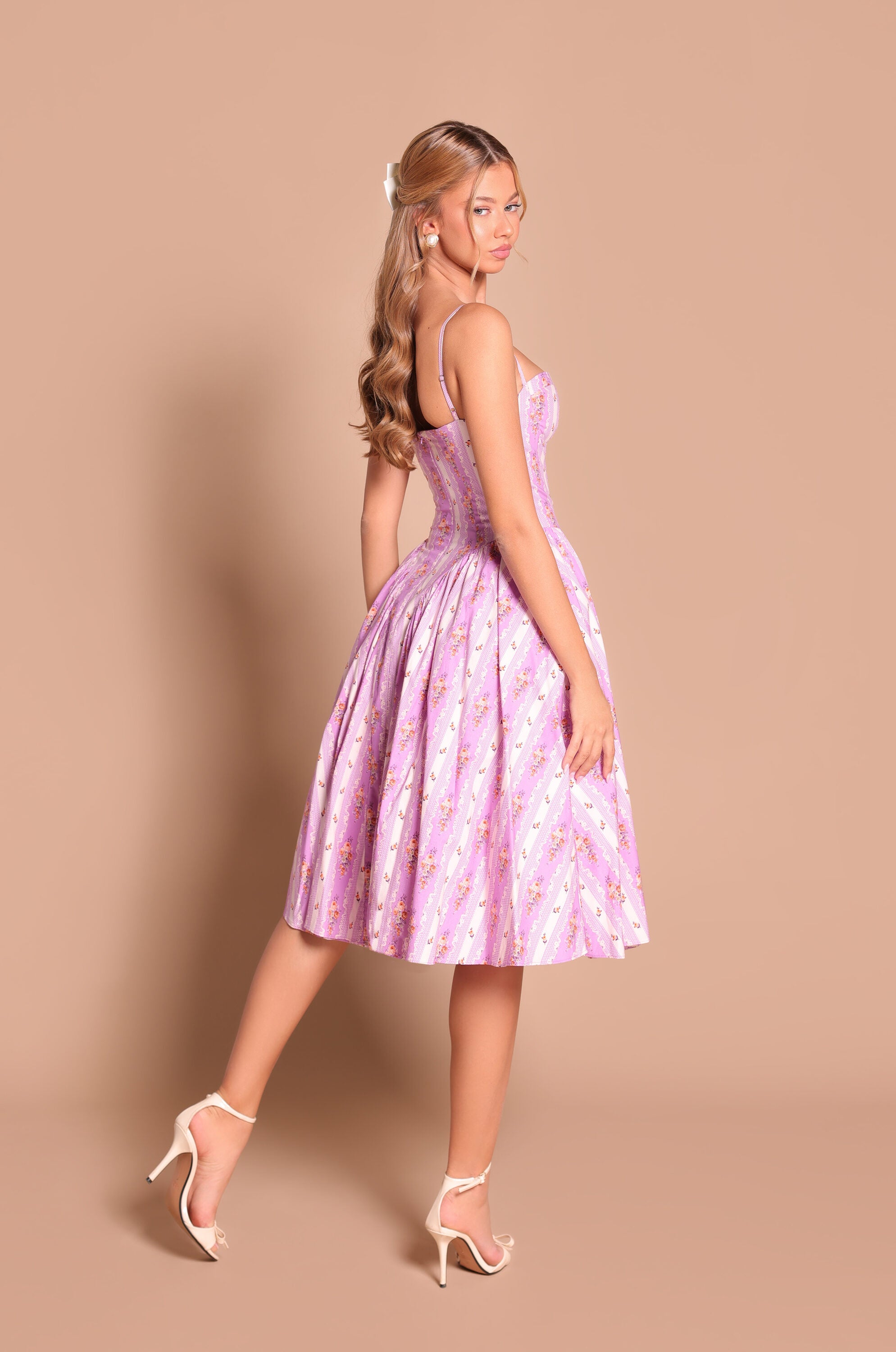 Lavender Lilac floral corset midi dress with spaghetti straps 