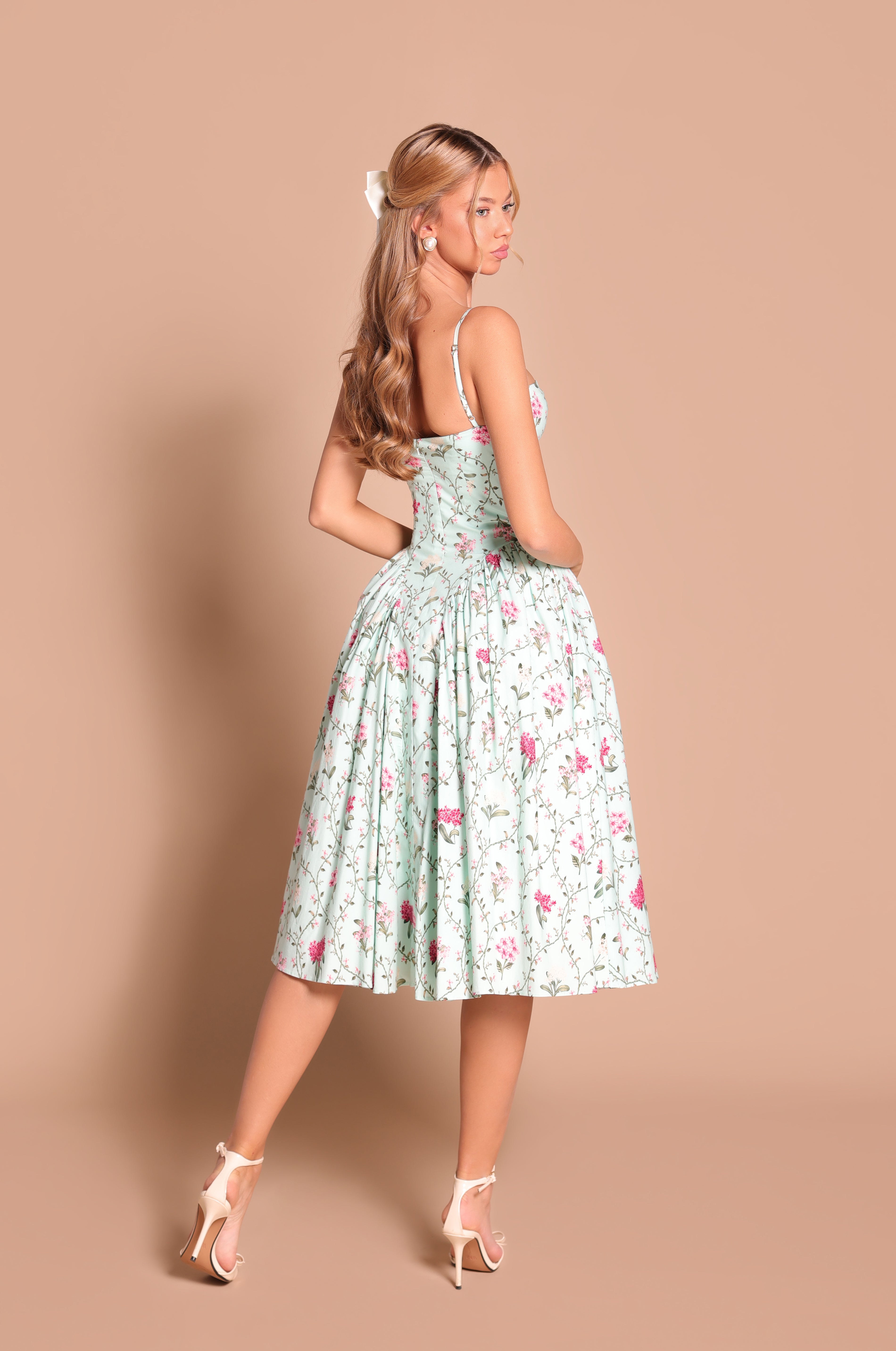 Mint green floral corset midi dress with spaghetti straps 