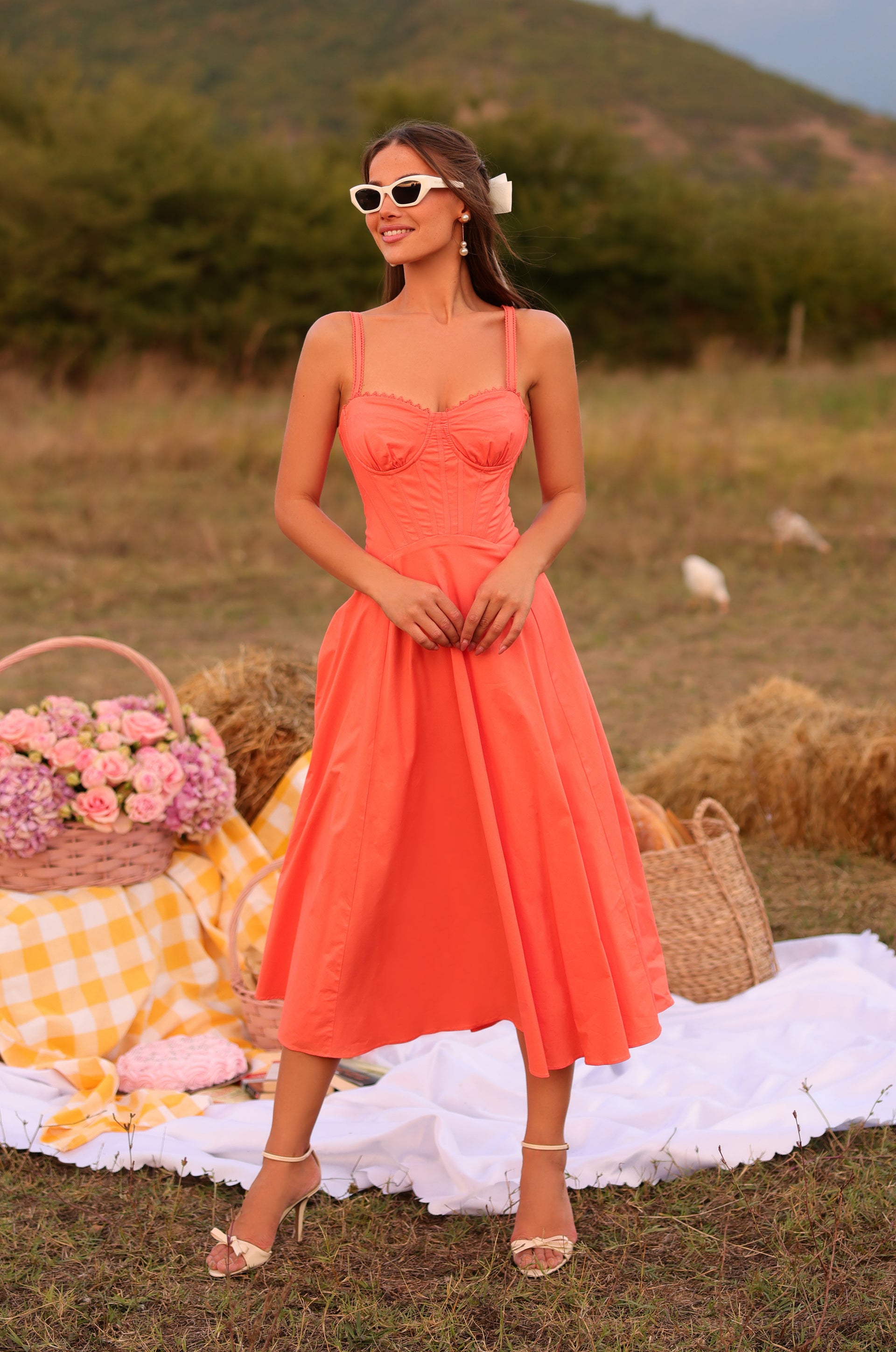 Casual Papaya Midi Summer Dress with Lace-Up Back Solid Papaya Punch / Small