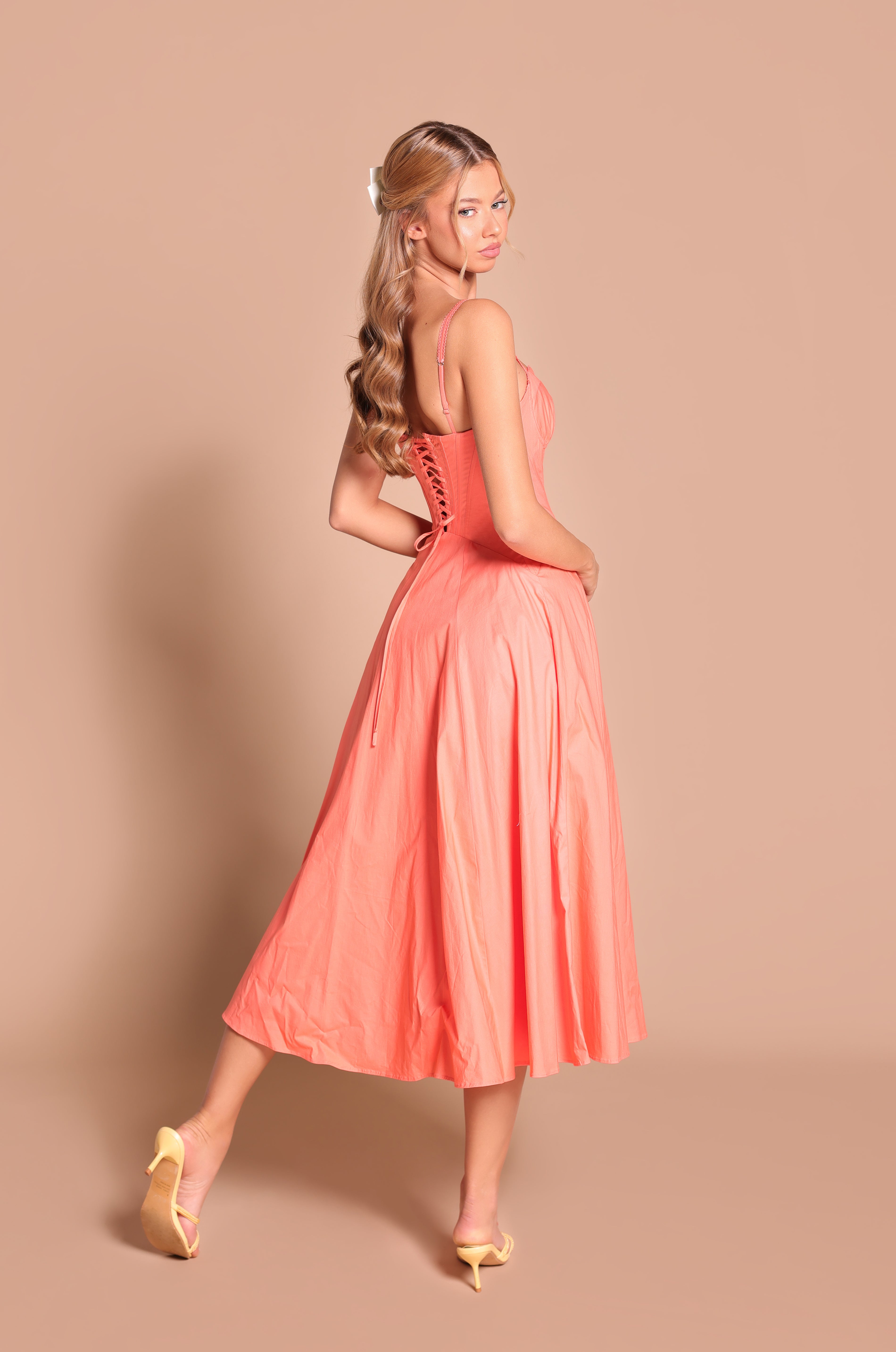 Papaya punch corset midi dress with sweetheart neckline 