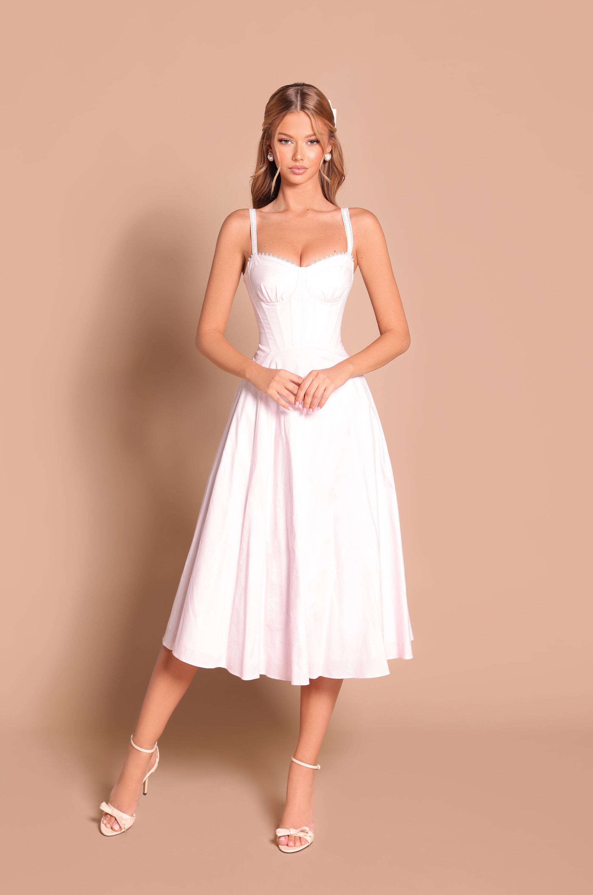 Primrose pink corset midi dress with sweetheart neckline 
