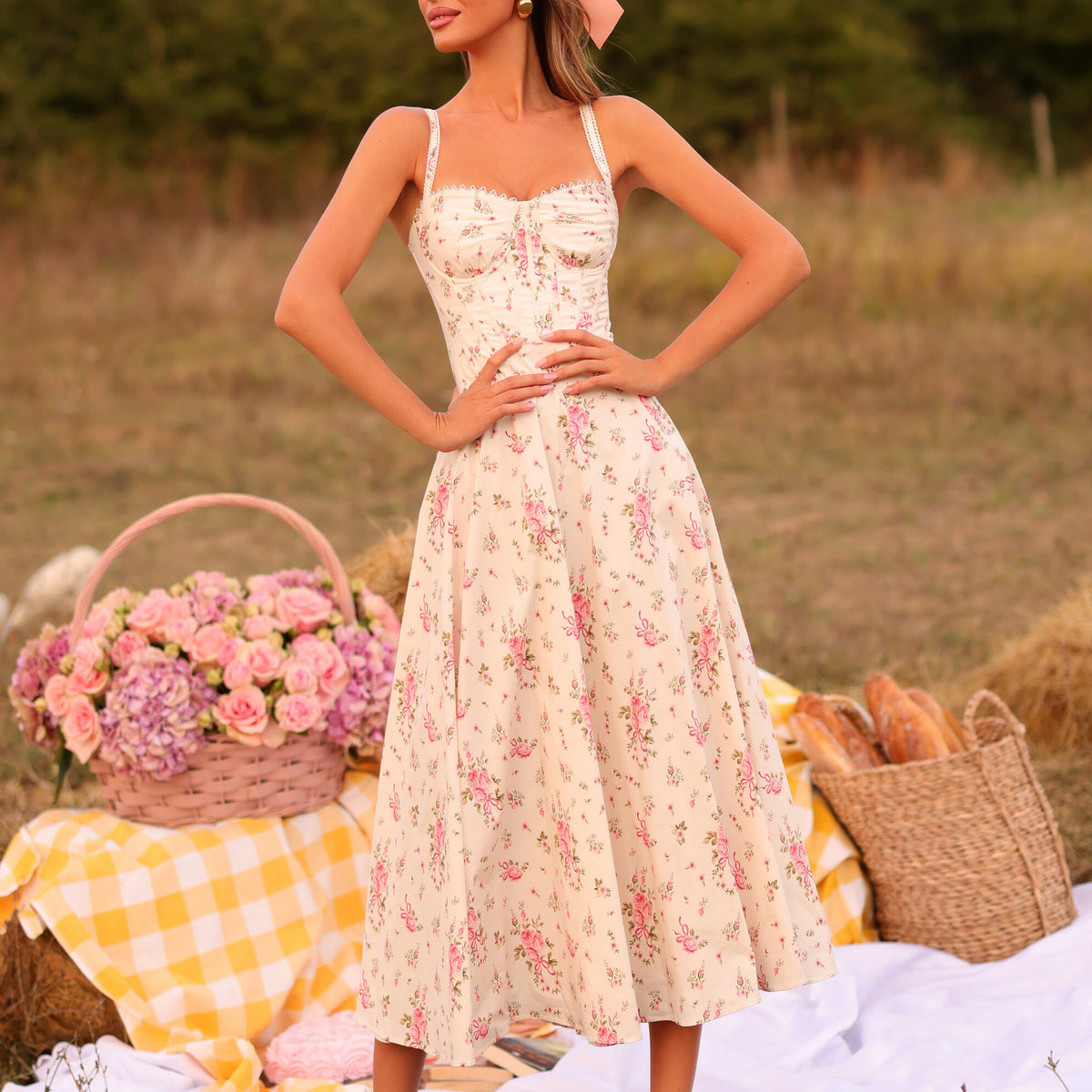 Floral Print Corset Midi Dress With A-Line Skirt