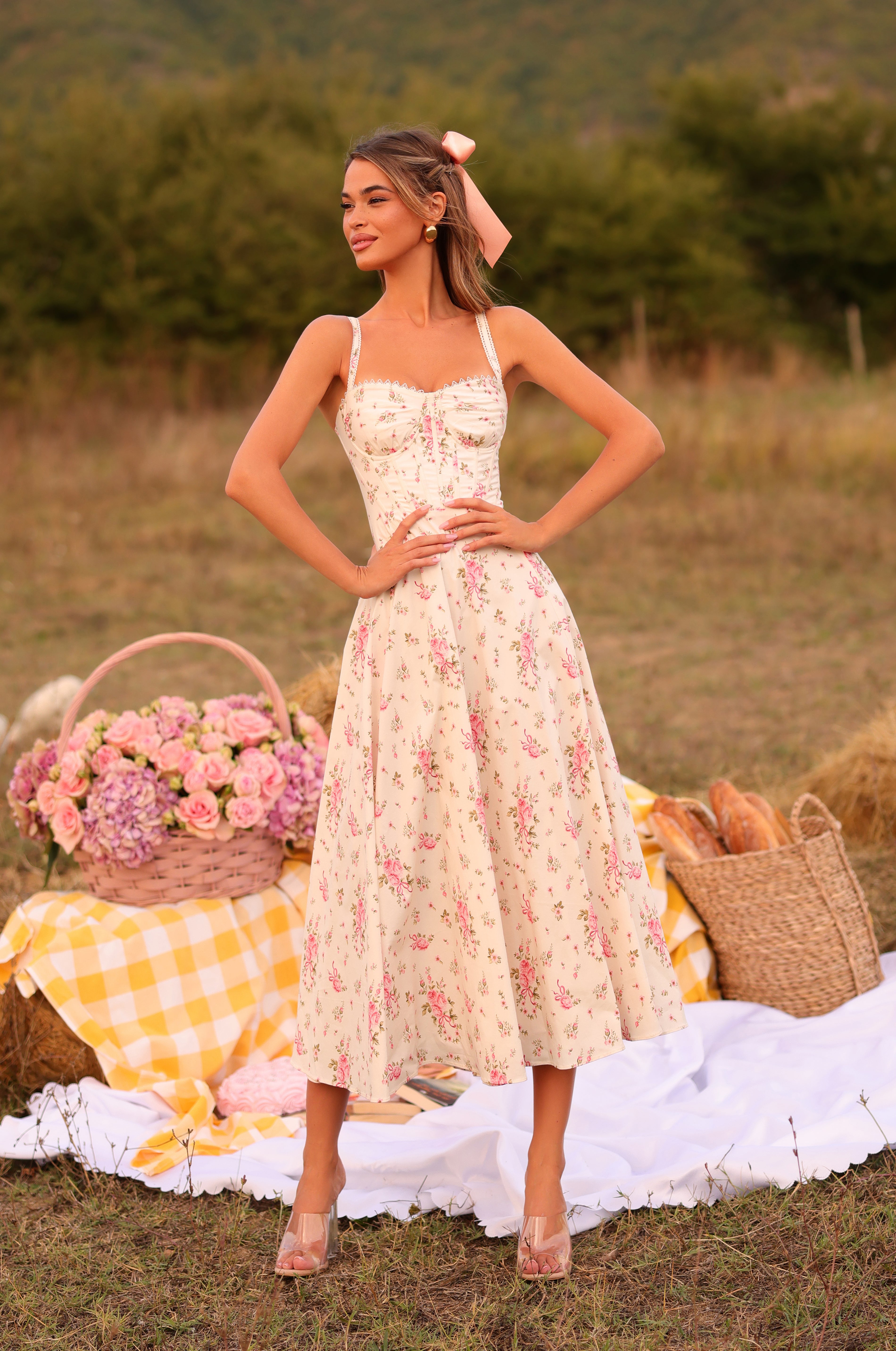 Cream white floral corset midi dress with fitted waist 