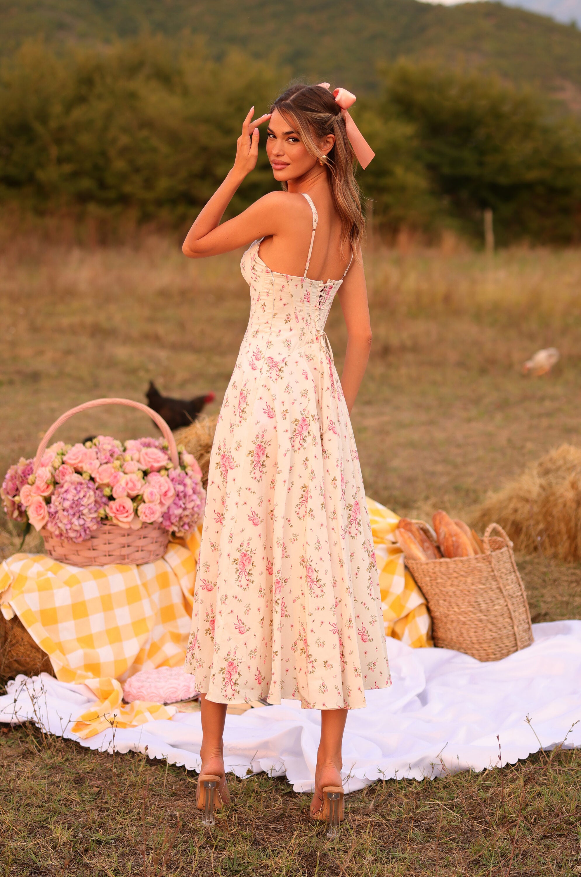 Cream white floral corset midi dress with fitted waist 