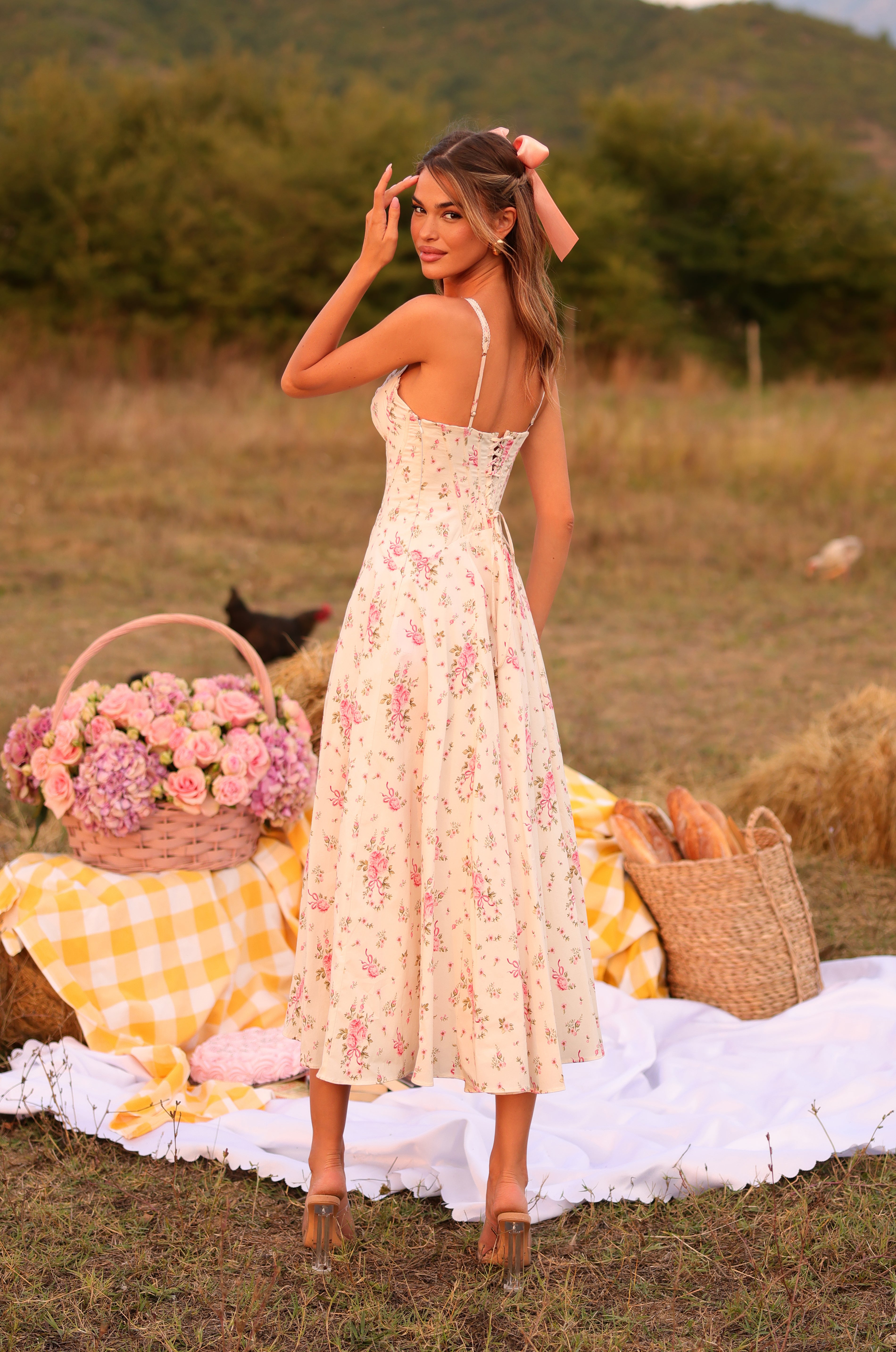 Cream white floral corset midi dress with fitted waist 