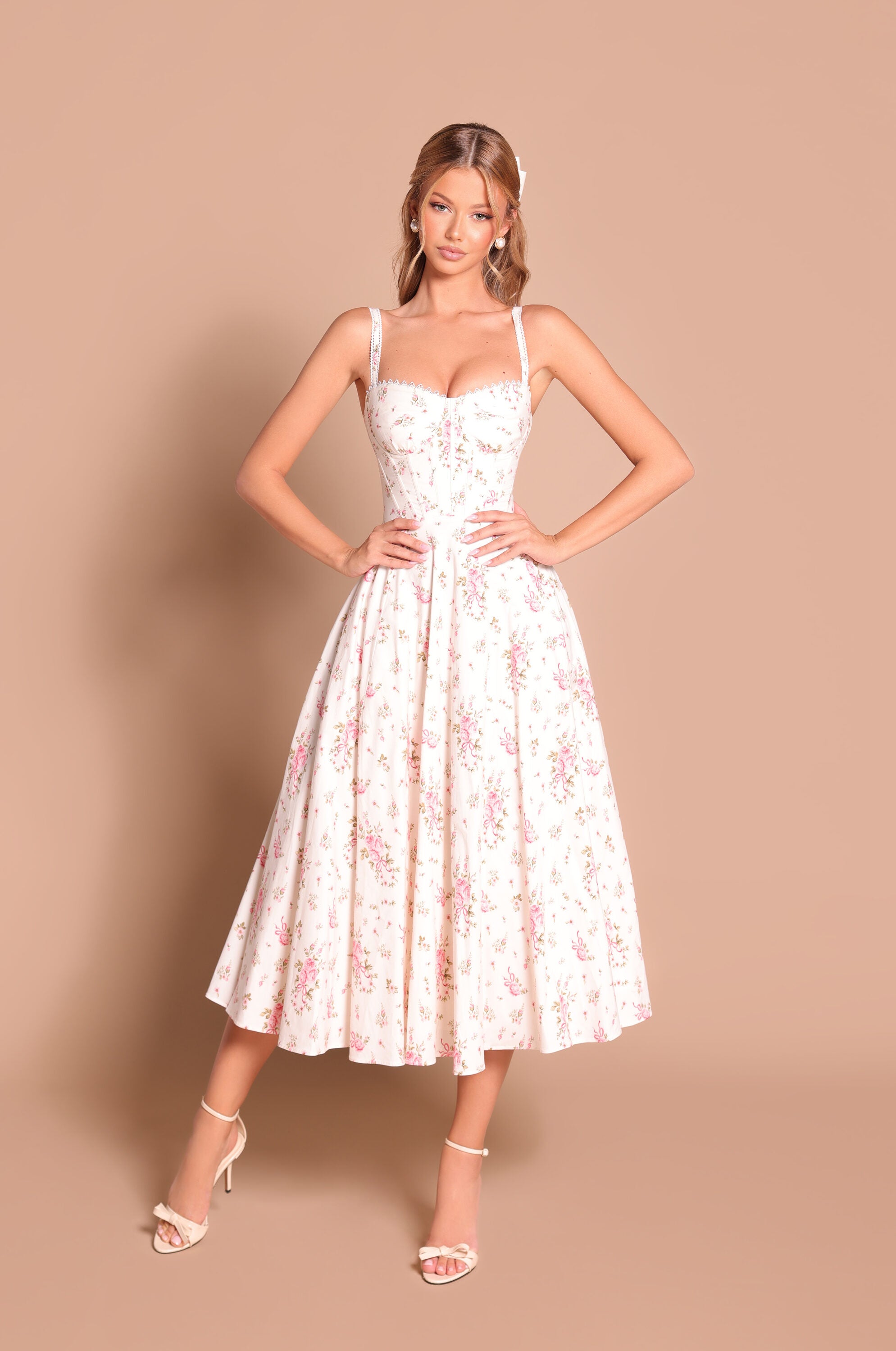 Cream white floral corset midi dress with fitted waist 