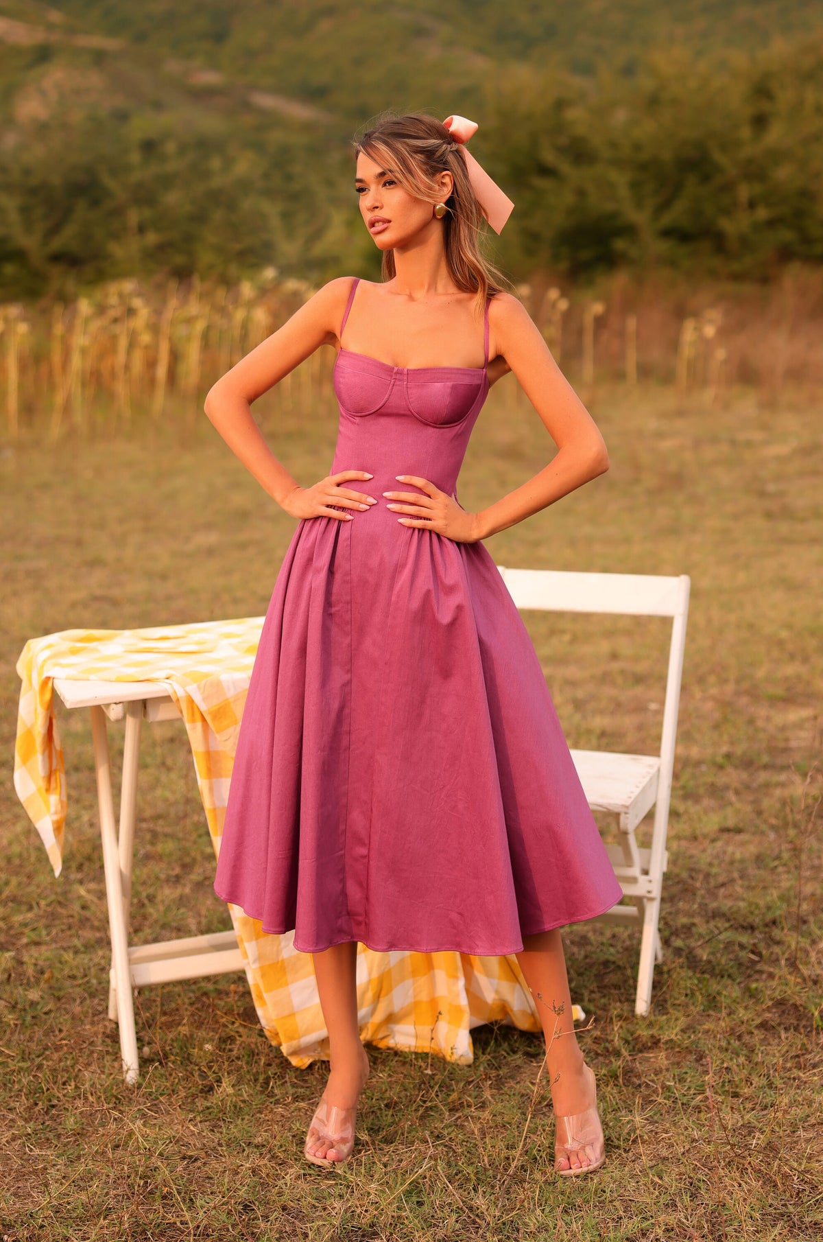 Midi Dress in Damson Purple With Corset Bodice