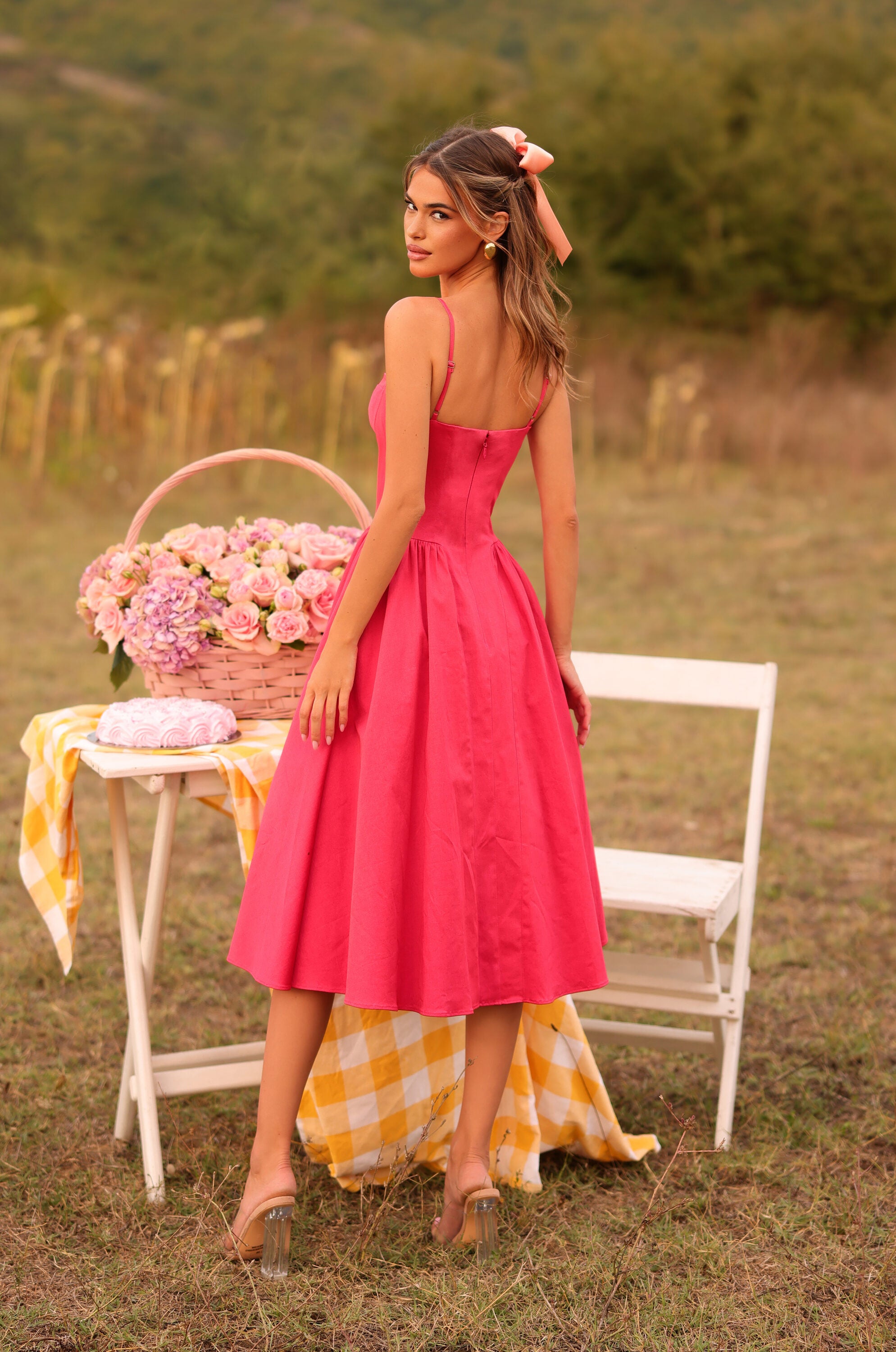 Winterberry red corset midi dress with spaghetti straps 