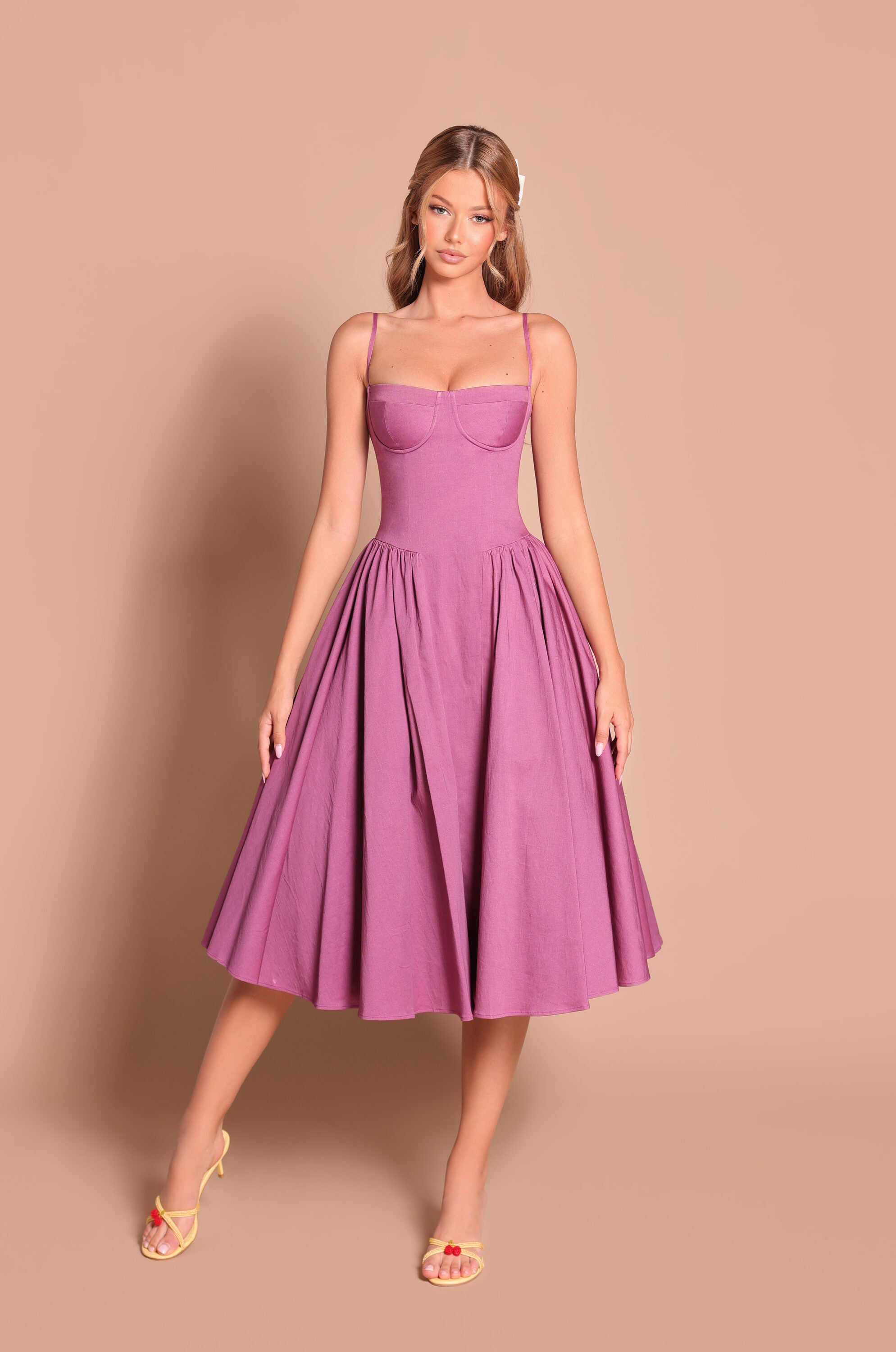 Damson purple corset midi dress with spaghetti straps 