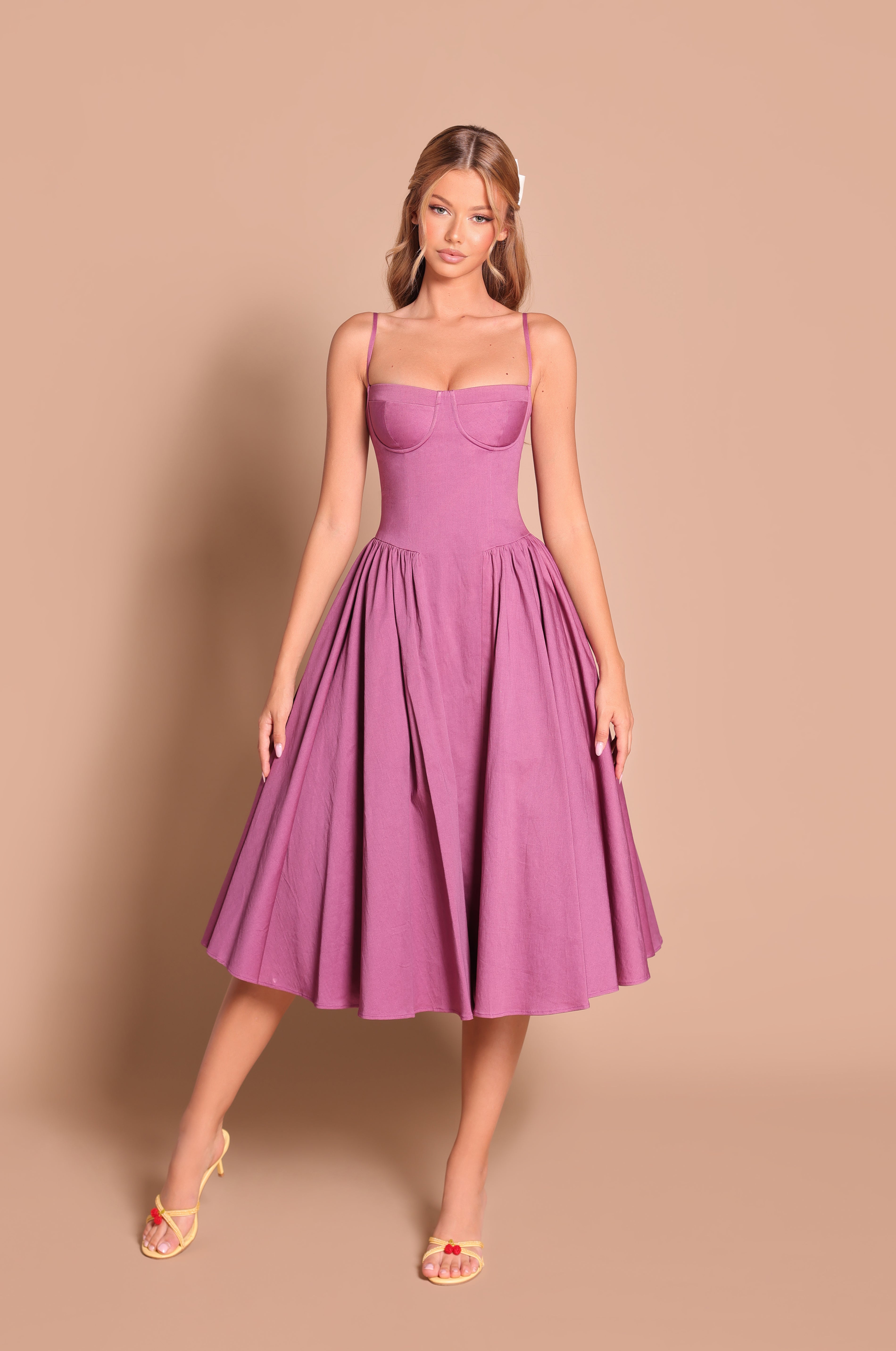 Damson purple corset midi dress with spaghetti straps 