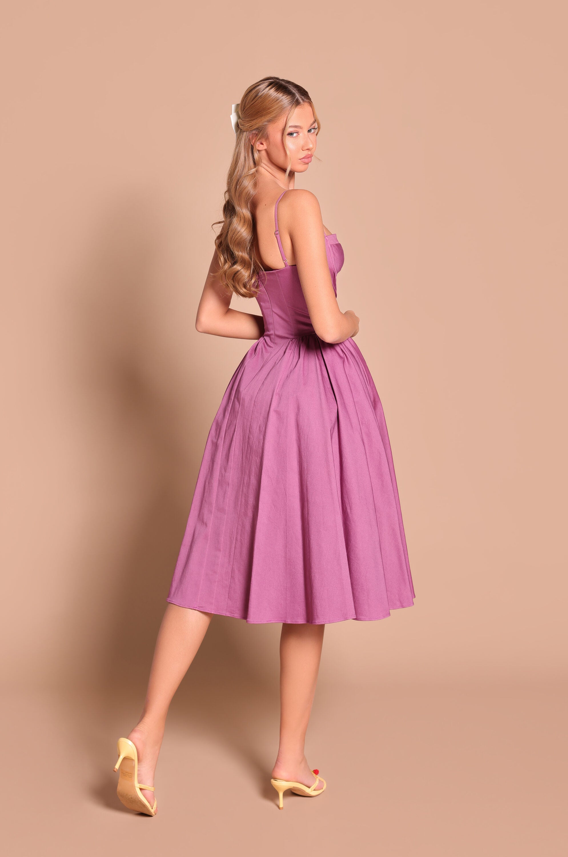 Damson purple corset midi dress with spaghetti straps 