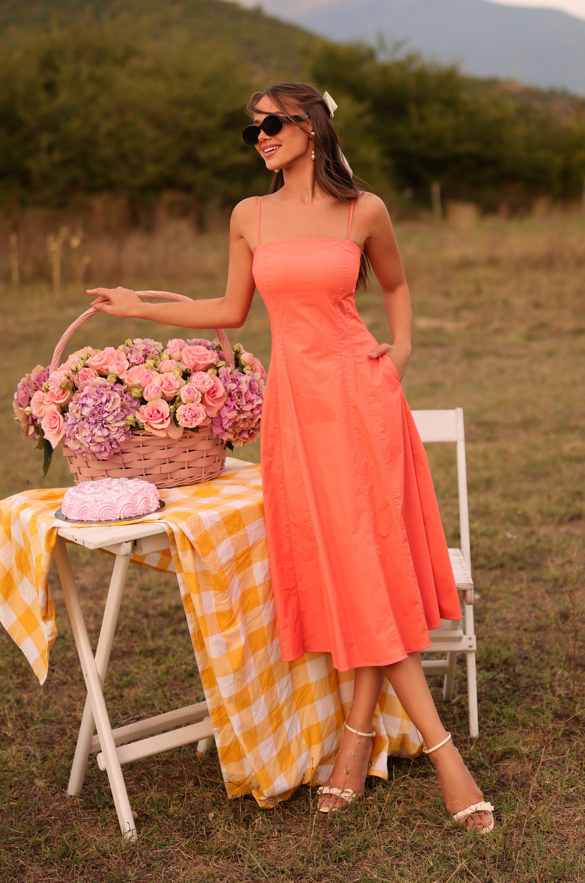 Solid papaya punch square-neck midi dress with pockets 