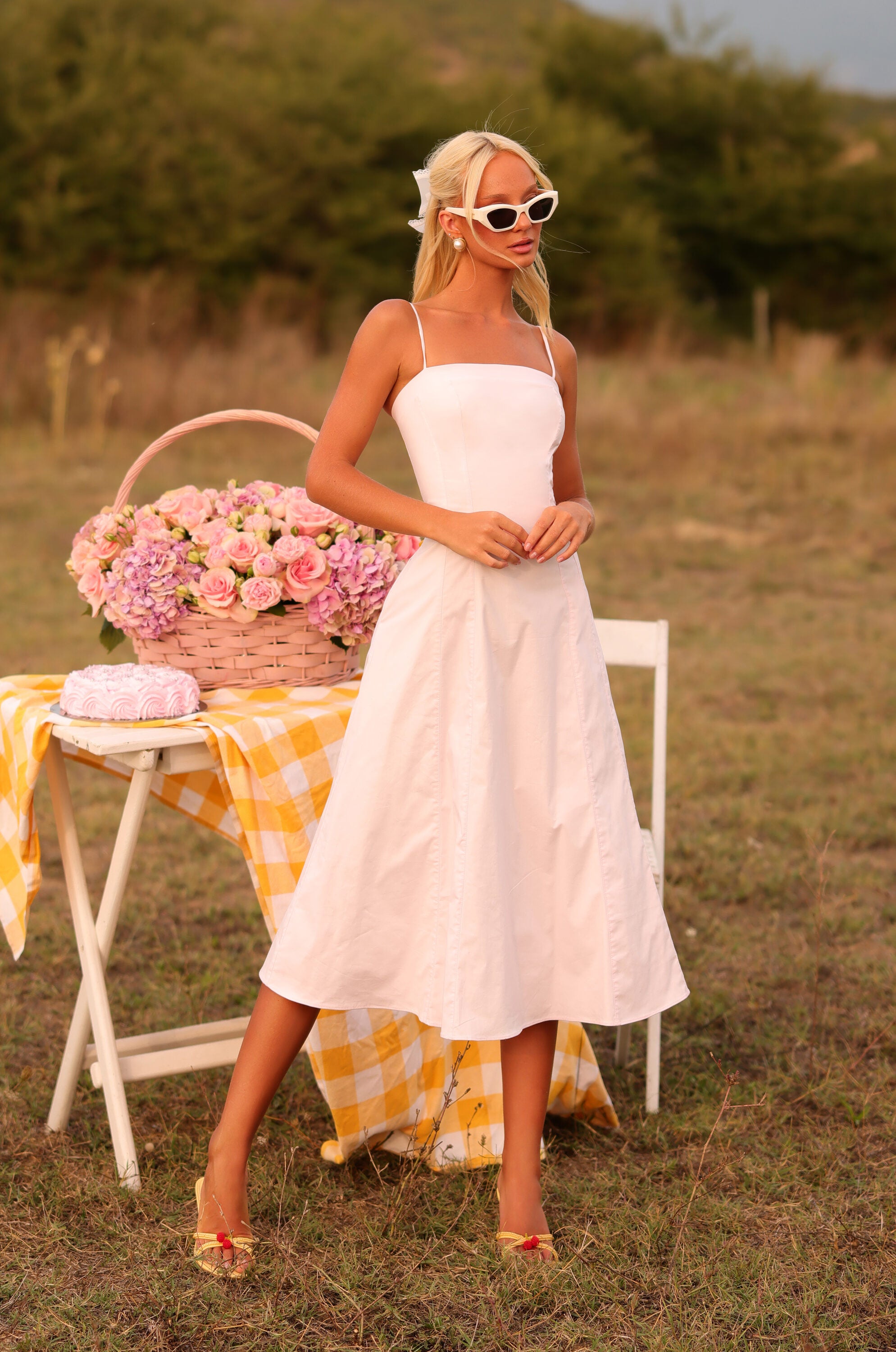 Primrose pink square-neck midi dress with pockets 