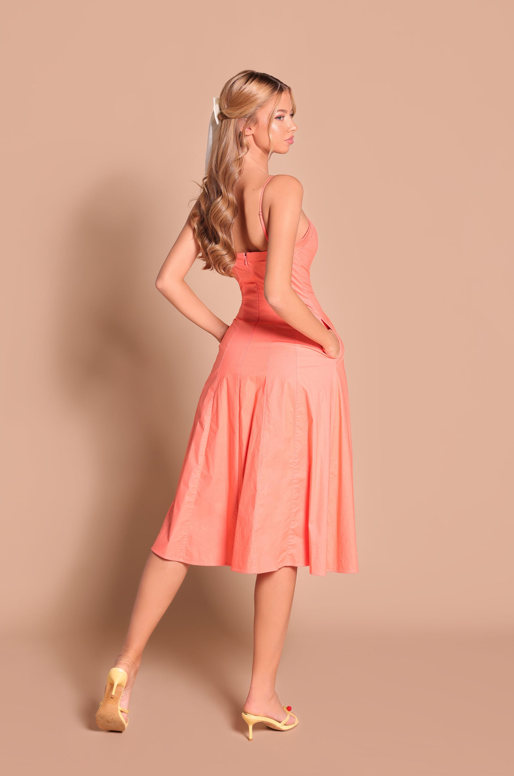 Solid papaya punch square-neck midi dress with pockets 