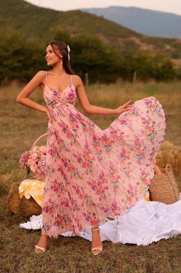 Floral Print Maxi Dress in Blush Pink With Pleated Skirt
