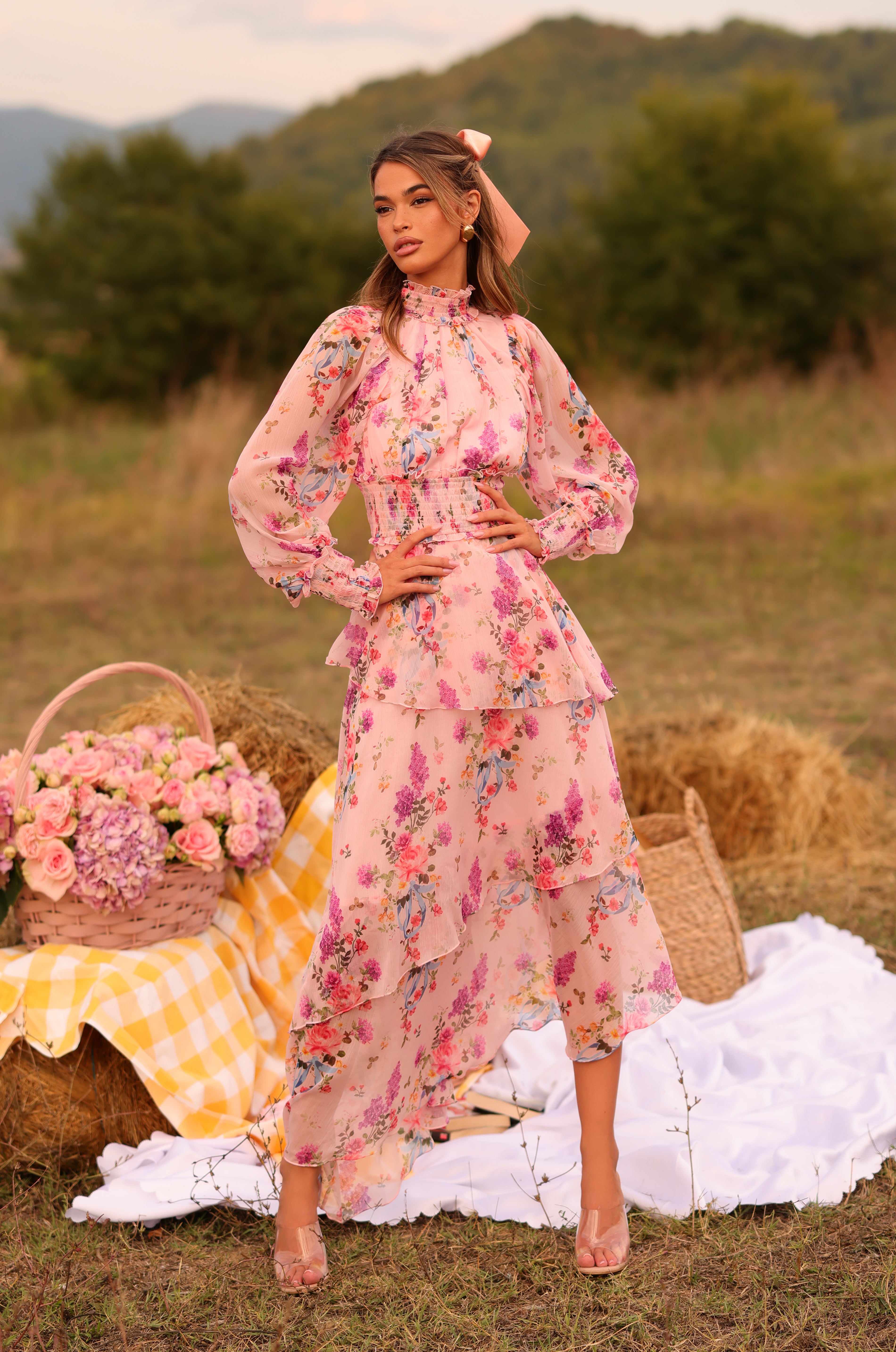 Pastel pink floral high-neck long-sleeve midi dress with layered hem 