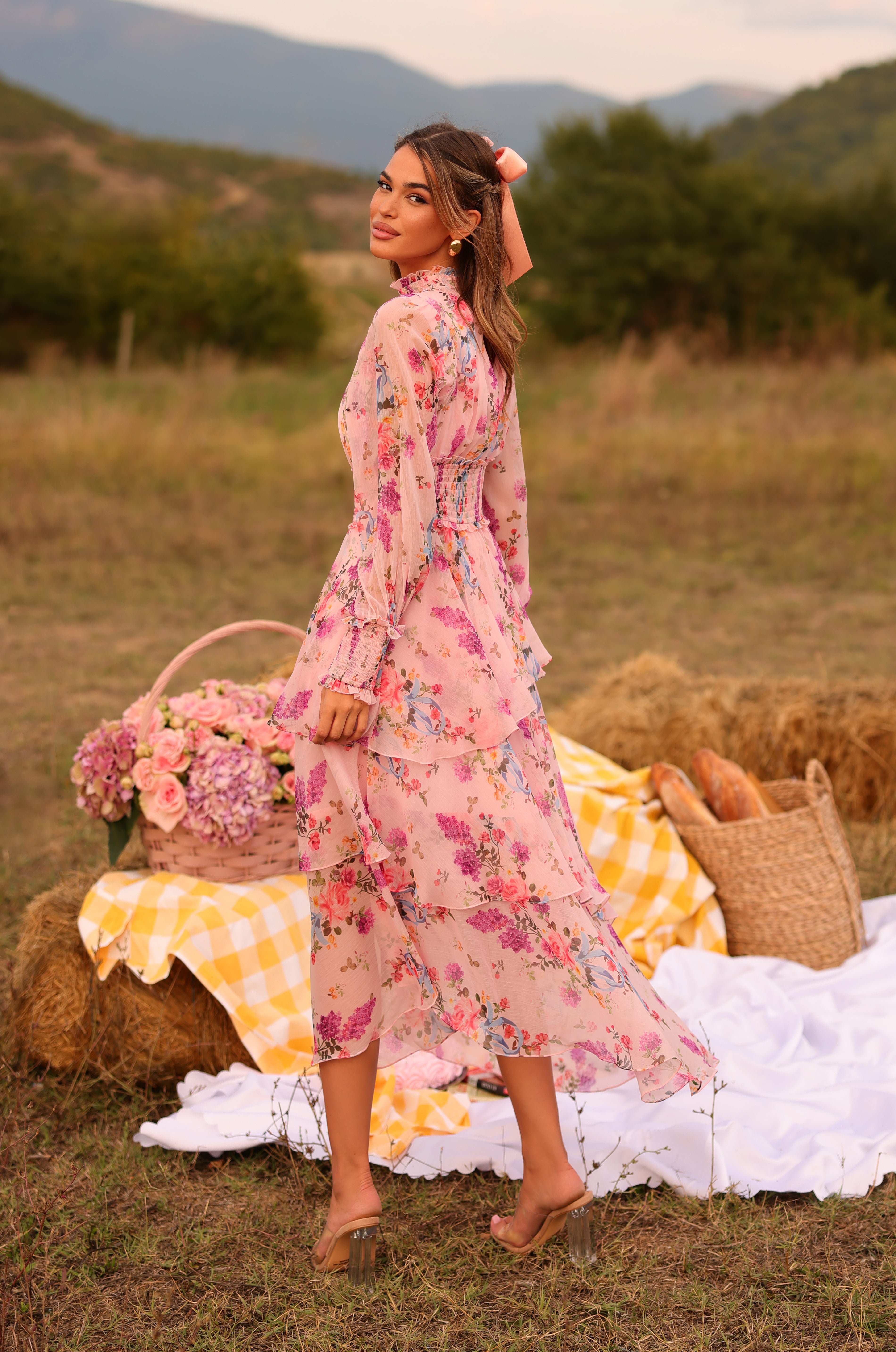 Pastel pink floral high-neck long-sleeve midi dress with layered hem 