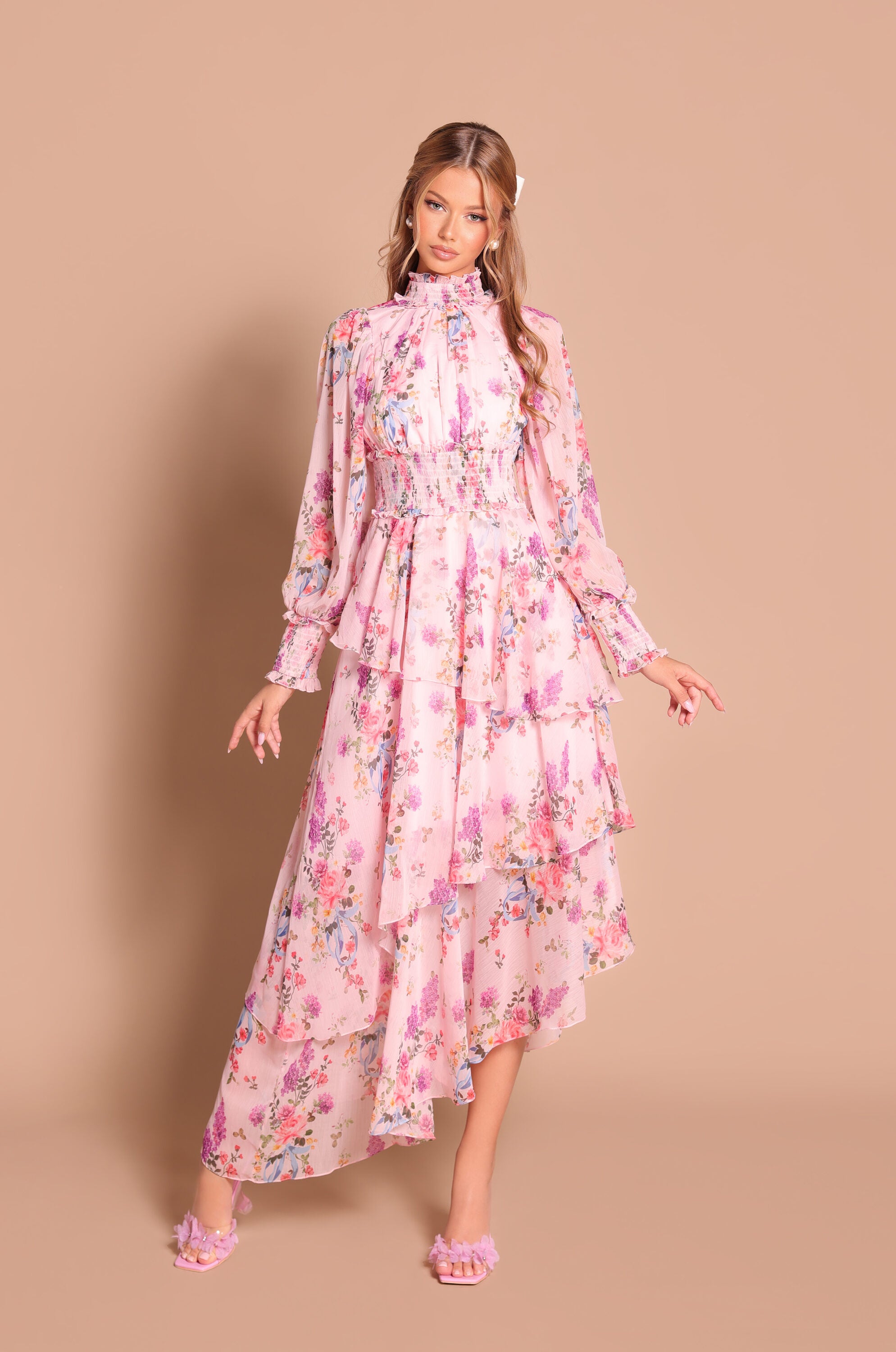Pastel pink floral high-neck long-sleeve midi dress with layered hem 