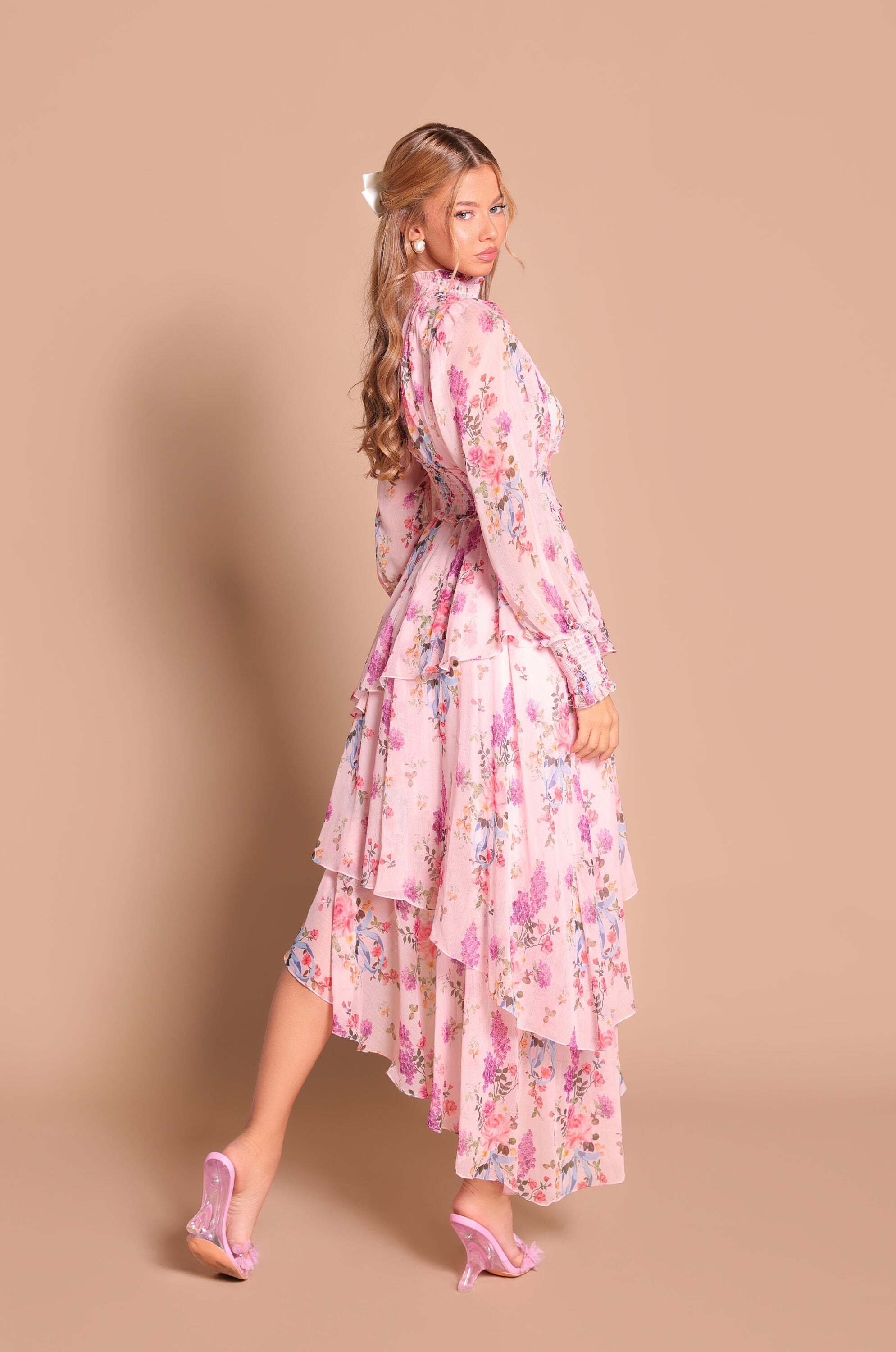 Pastel pink floral high-neck long-sleeve midi dress with layered hem 