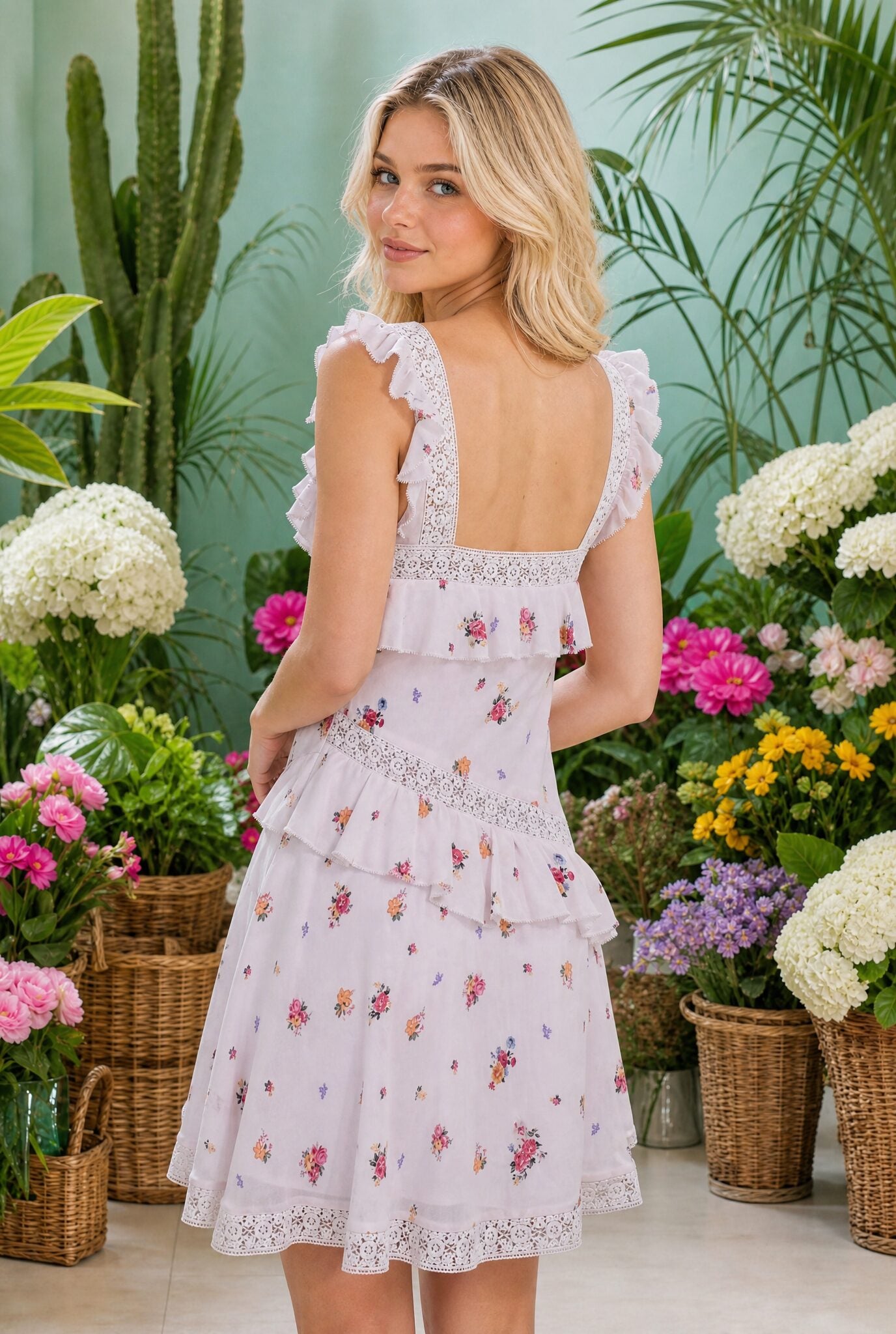 SLOANE Pink Lace Trim Floral Dress