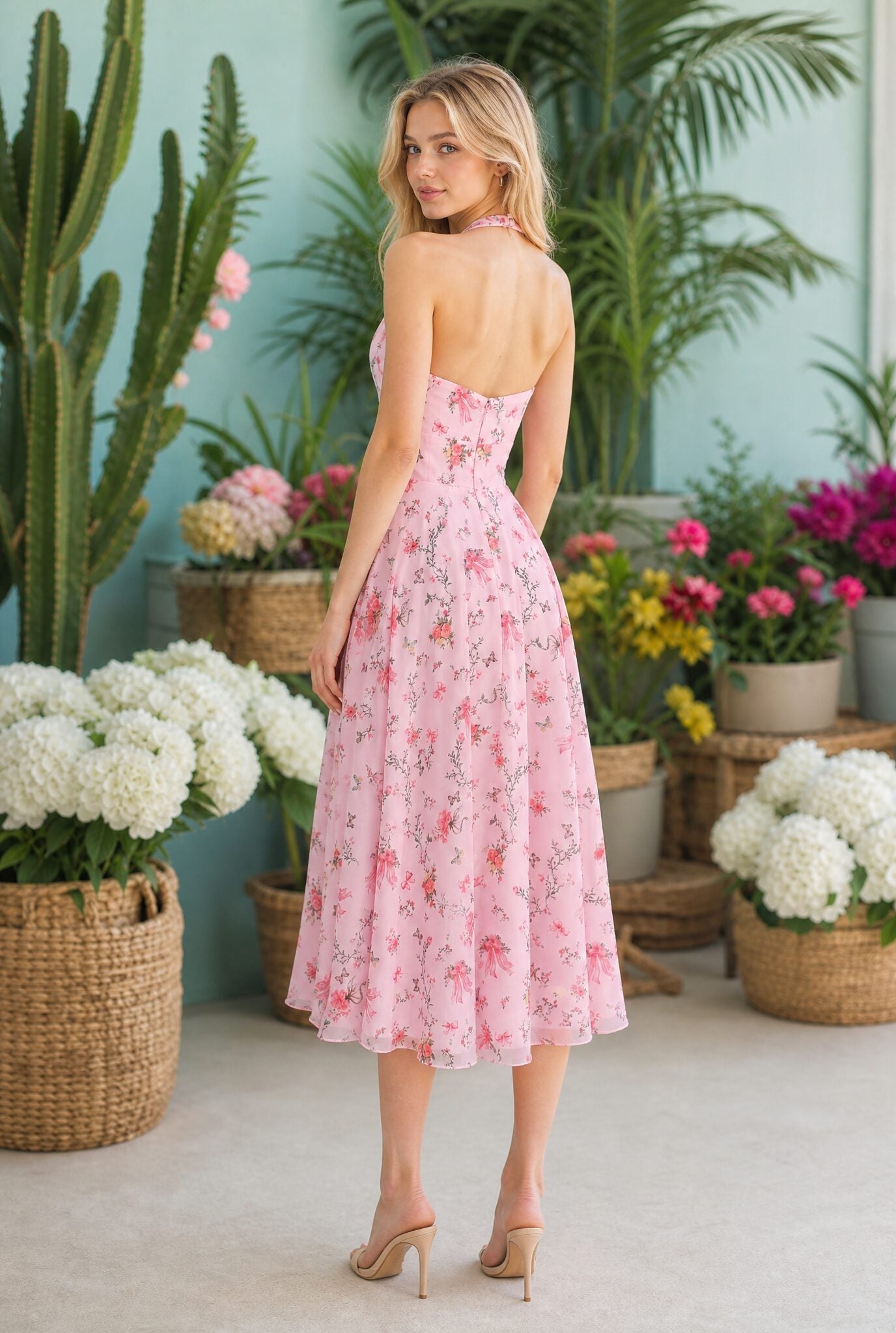 MILLIE Light Pink Millie Floral Halter Midi Dress