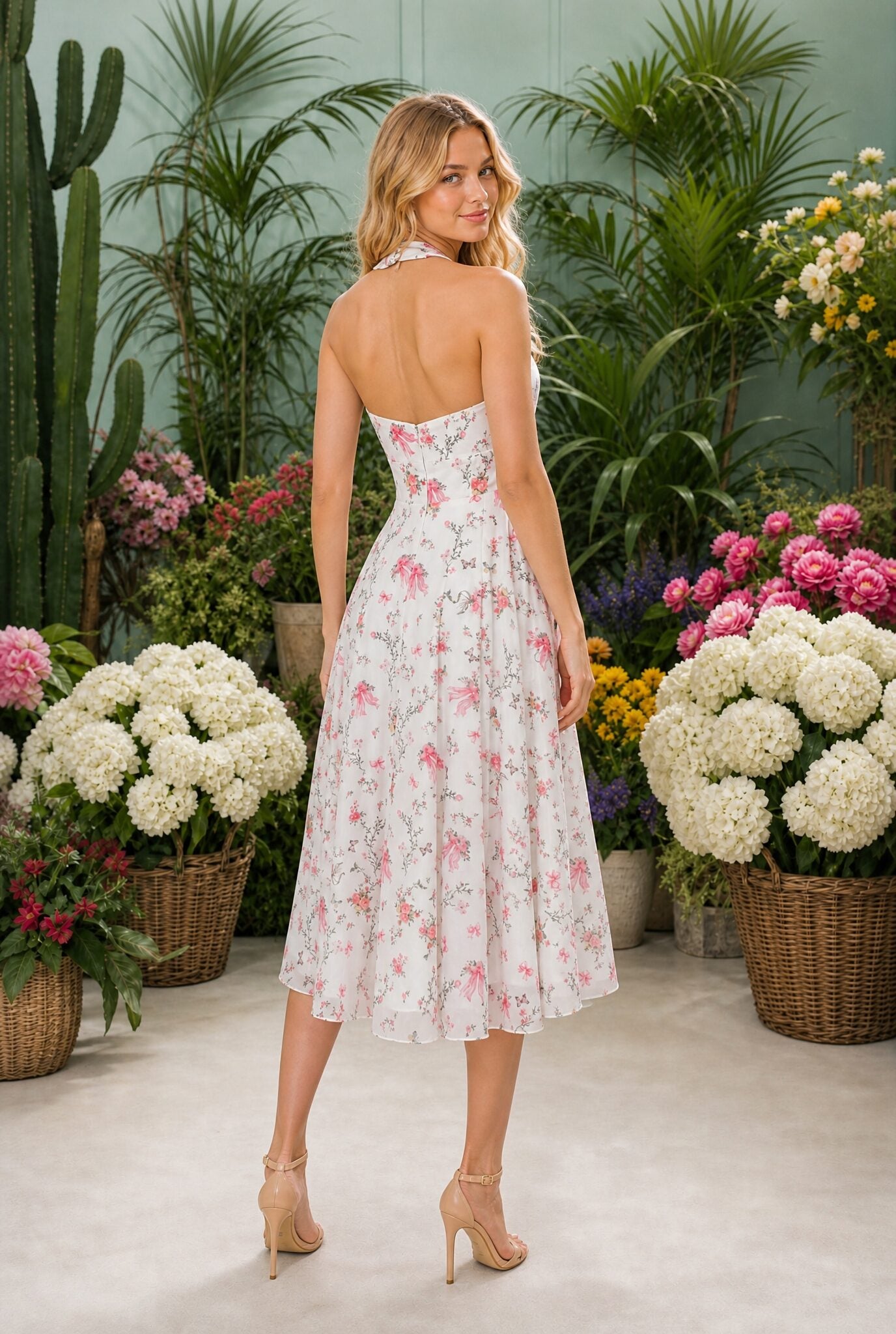 White Millie Floral Halter Midi Dress