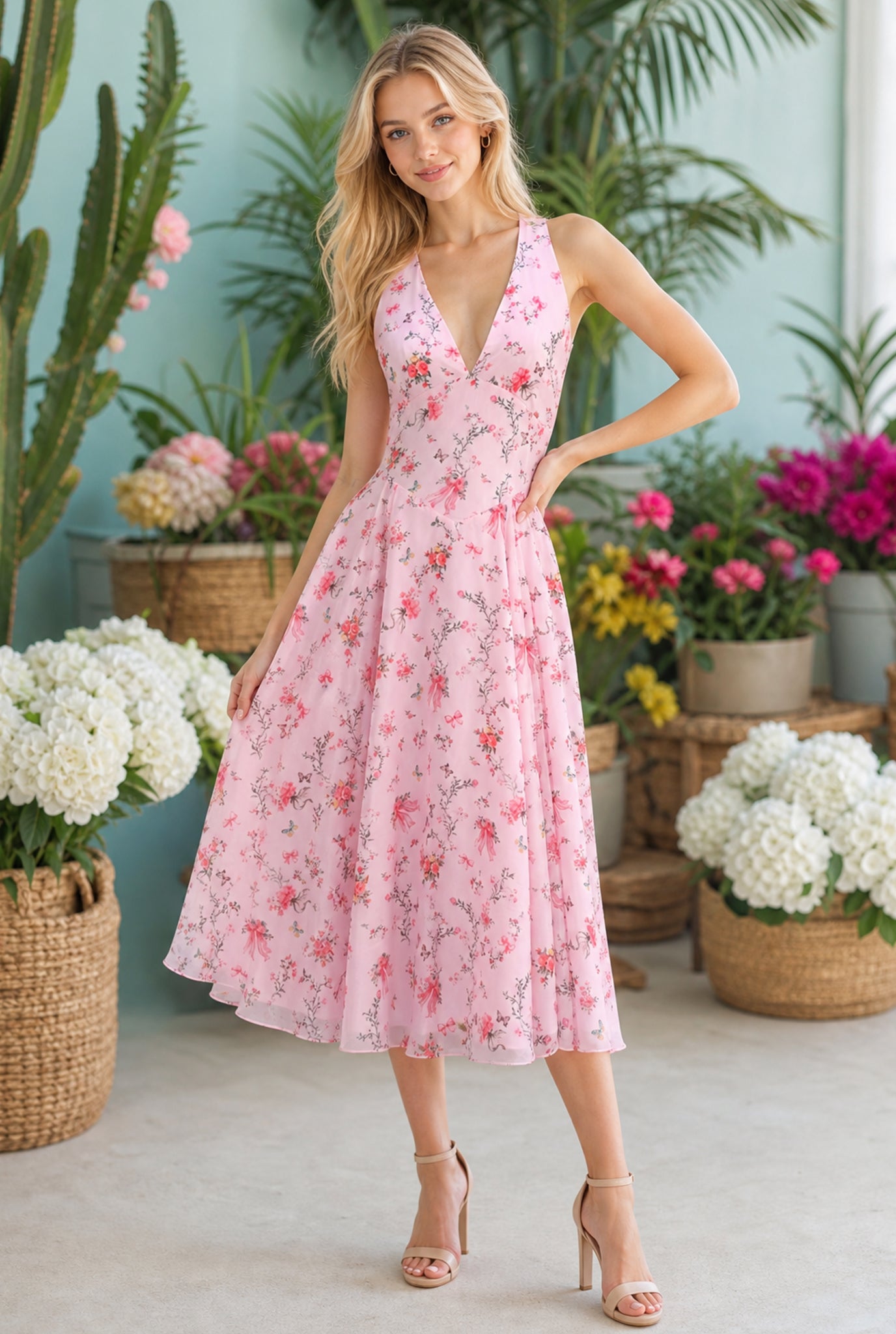 Light Pink Millie Floral Halter Midi Dress | Oh Pretty Light Pink Millie Floral Halter Midi Dress | Oh Pretty
