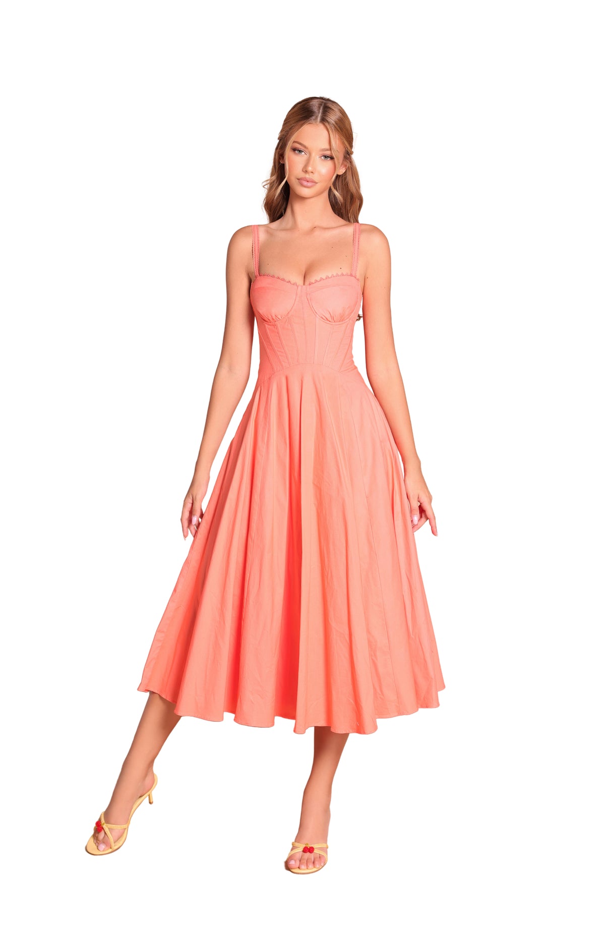 PRIMELLA Corset Midi Dress in Solid Papaya Punch