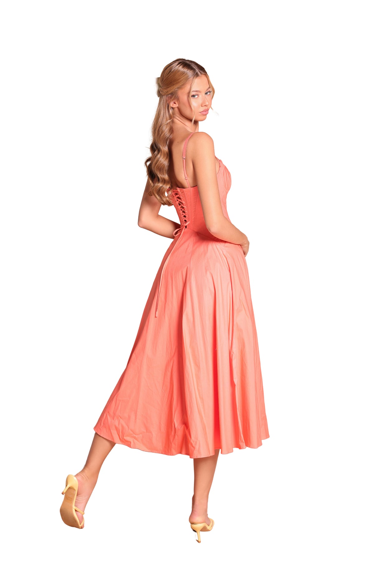 PRIMELLA Corset Midi Dress in Solid Papaya Punch