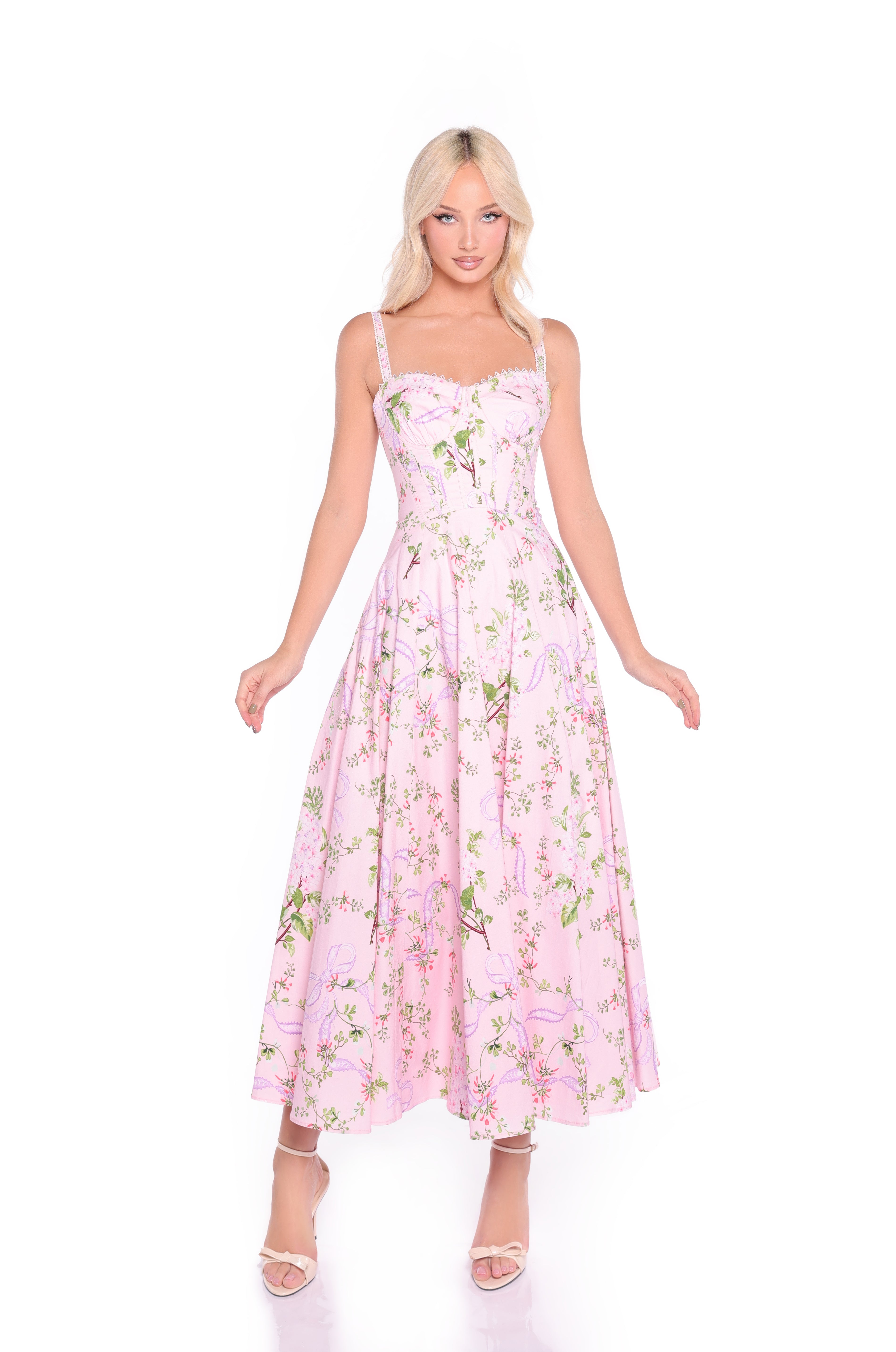 ROSELLA Blush Pink Floral Corset Midi