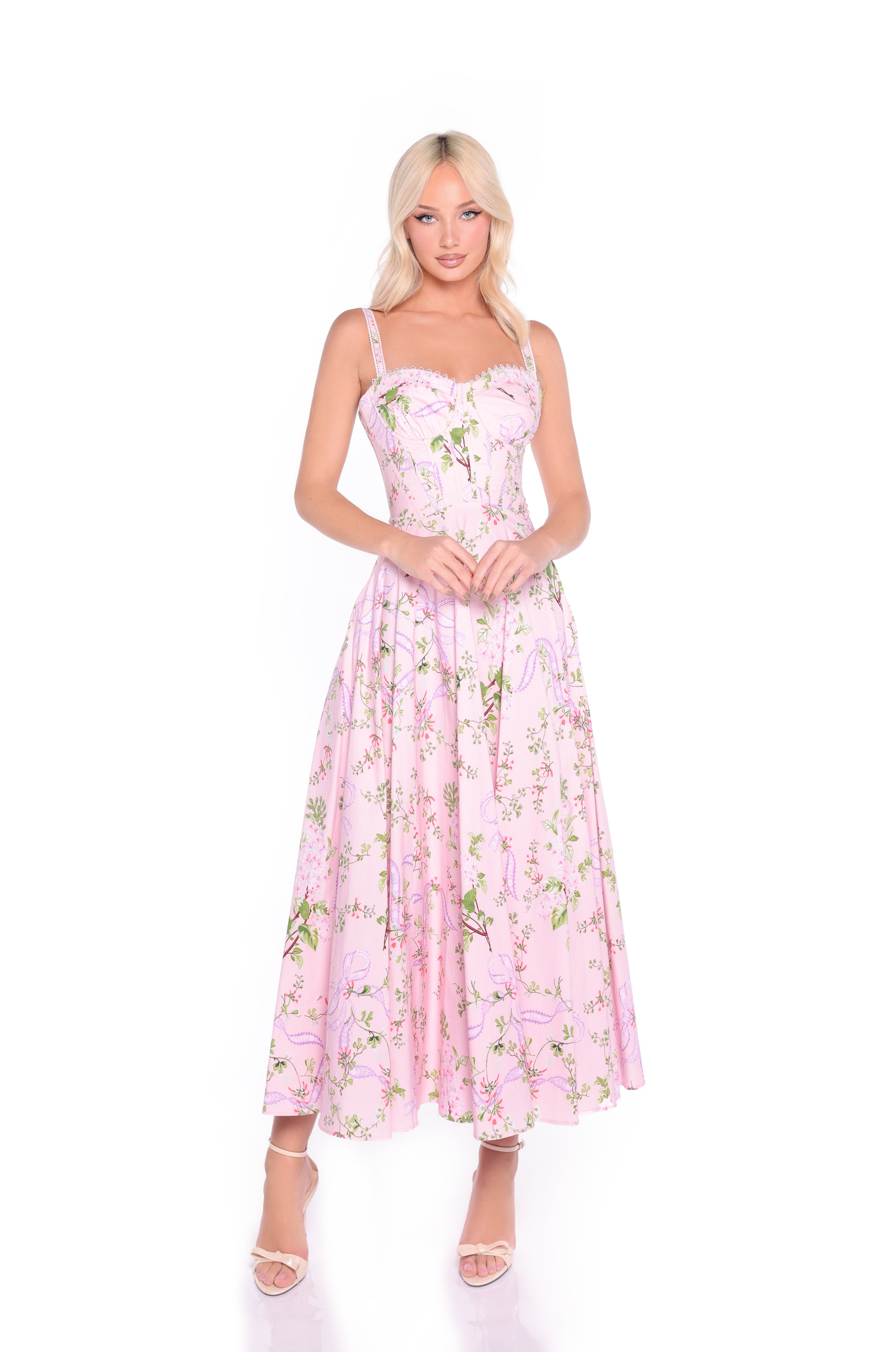 ROSELLA Blush Pink Floral Corset Midi