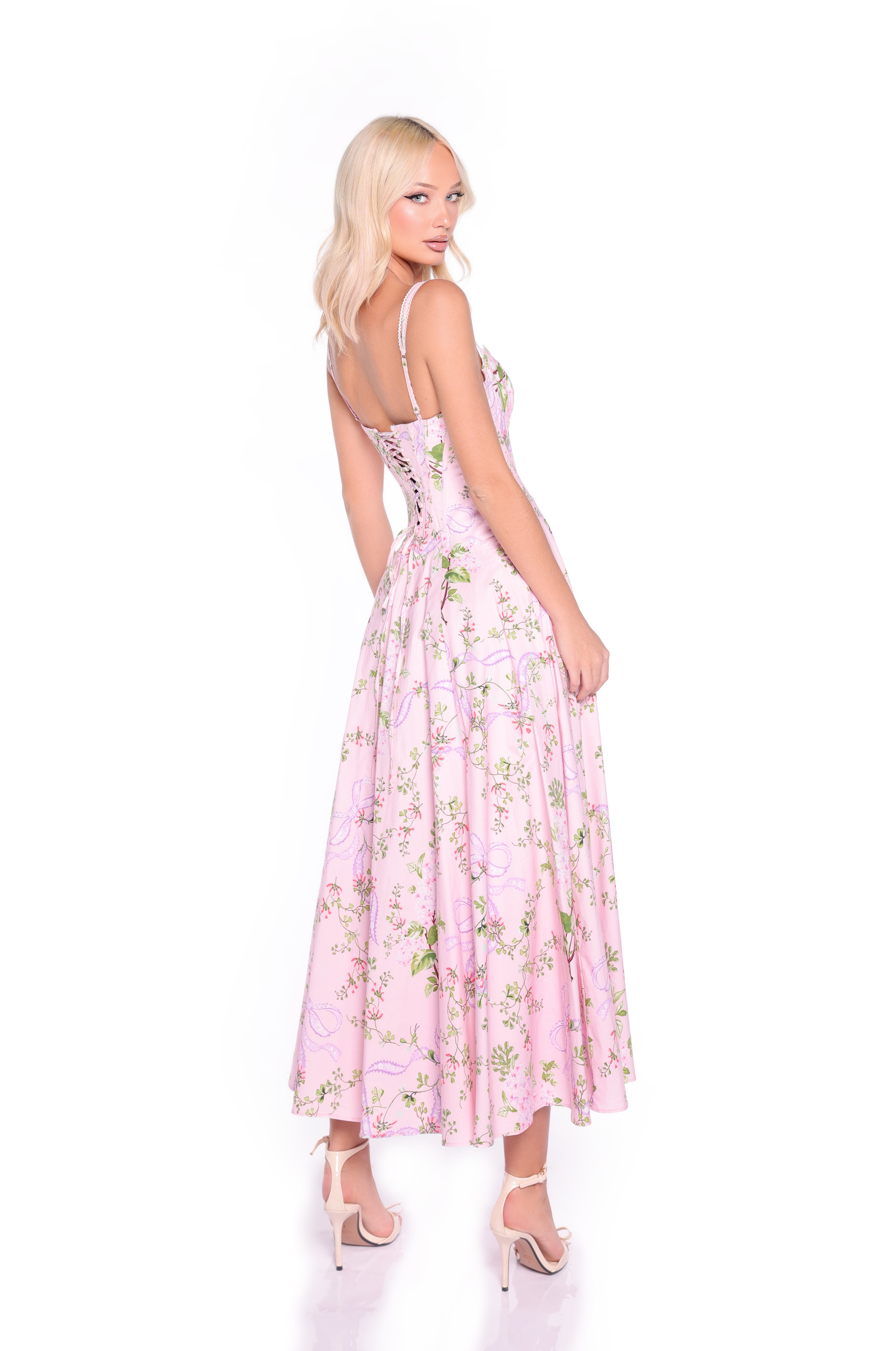ROSELLA Blush Pink Floral Corset Midi
