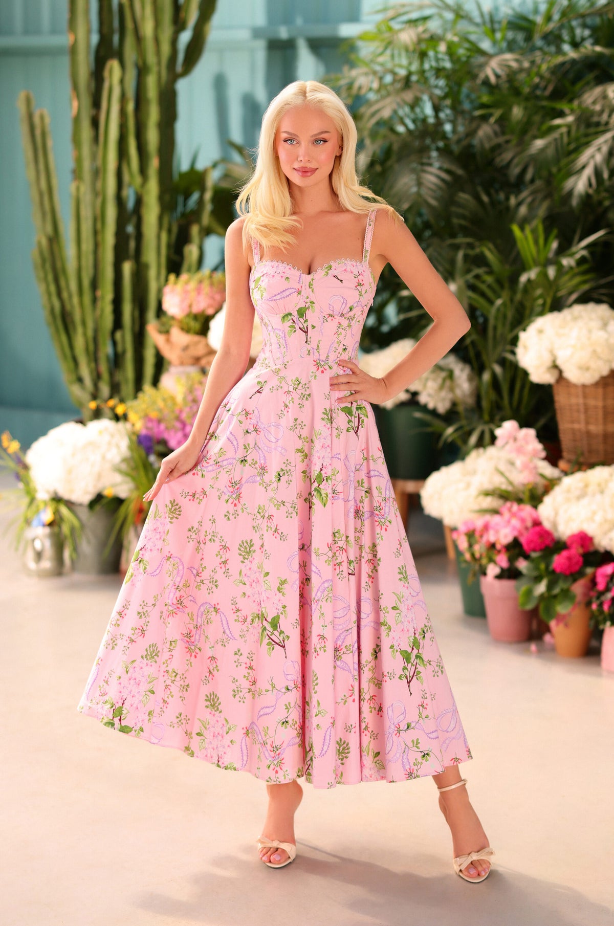 Corset Blush Pink Floral Print Midi - Rosella