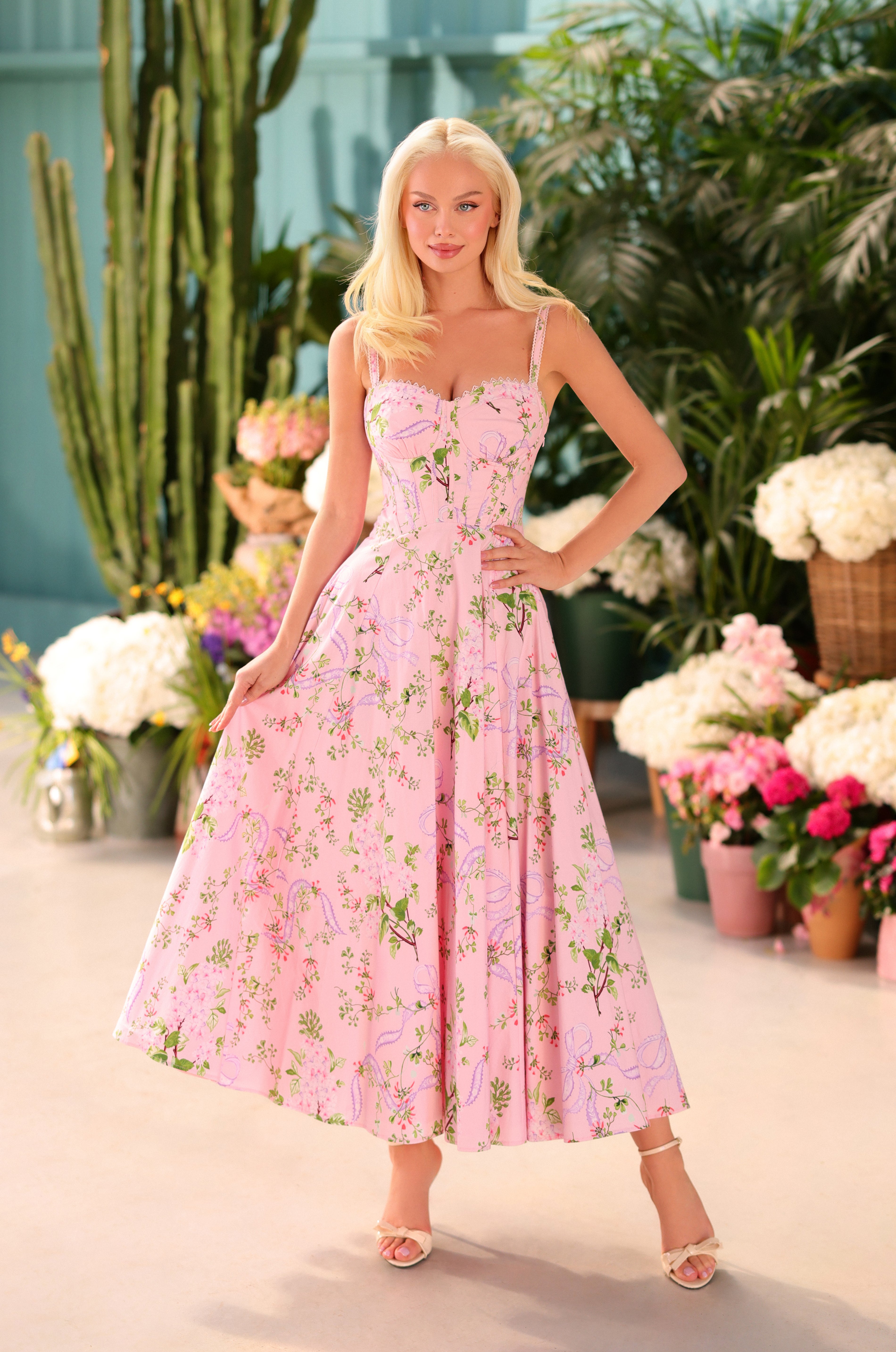 pink corset midi dress Lace & Beads tulle corset midi dress in pink floral