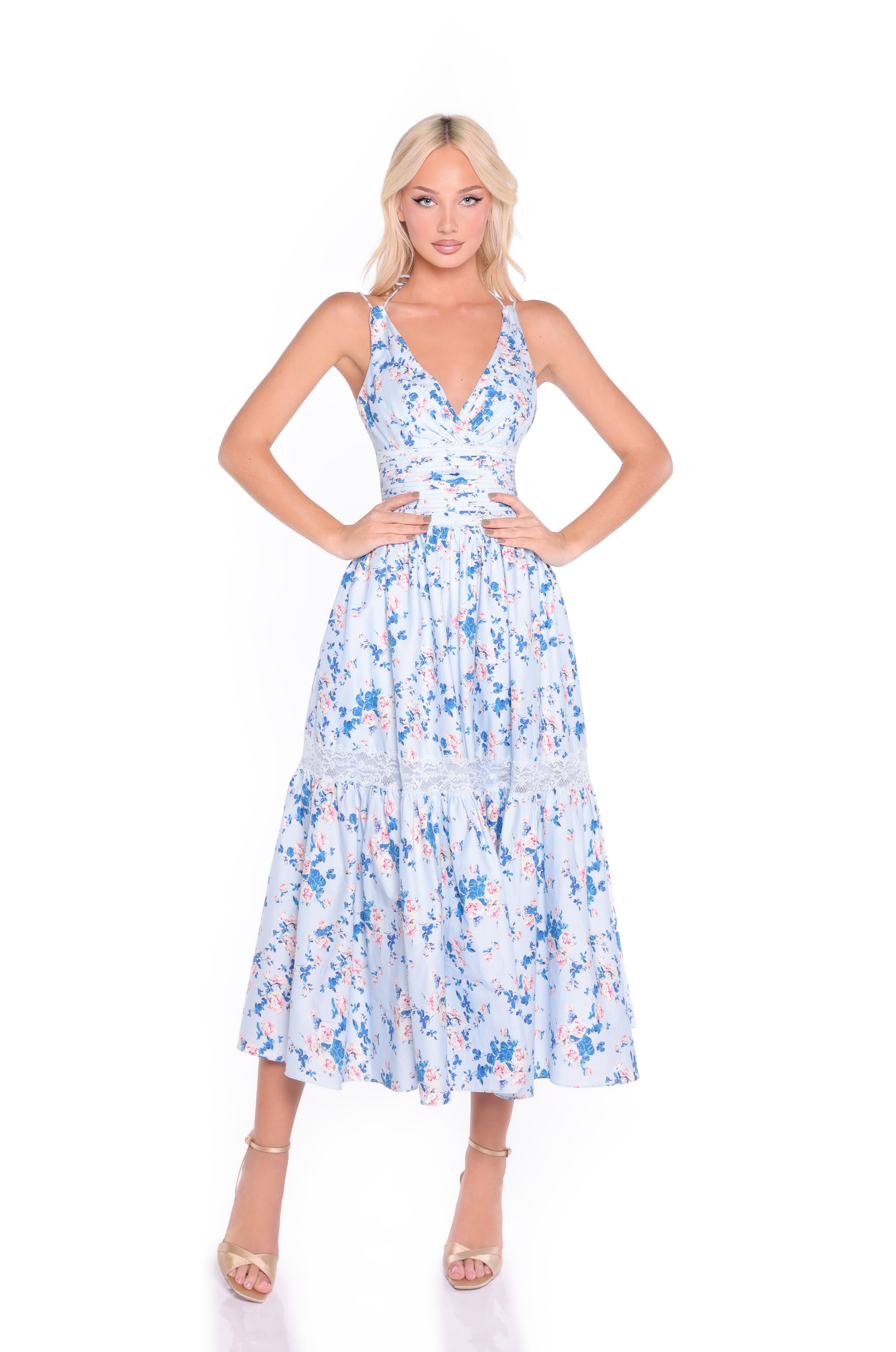SOLENE Blue Floral Midi Dress