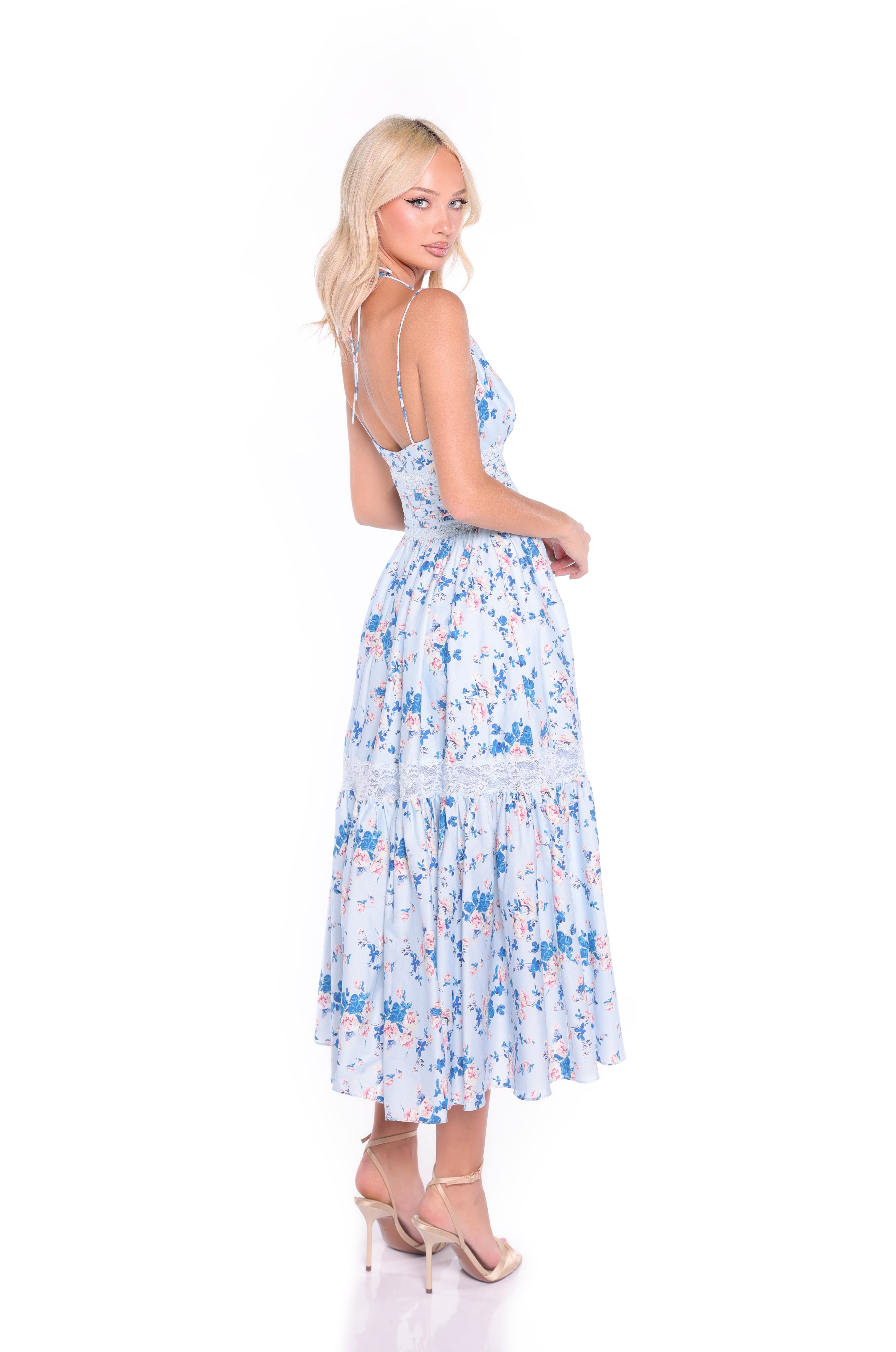 SOLENE Blue Floral Midi Dress