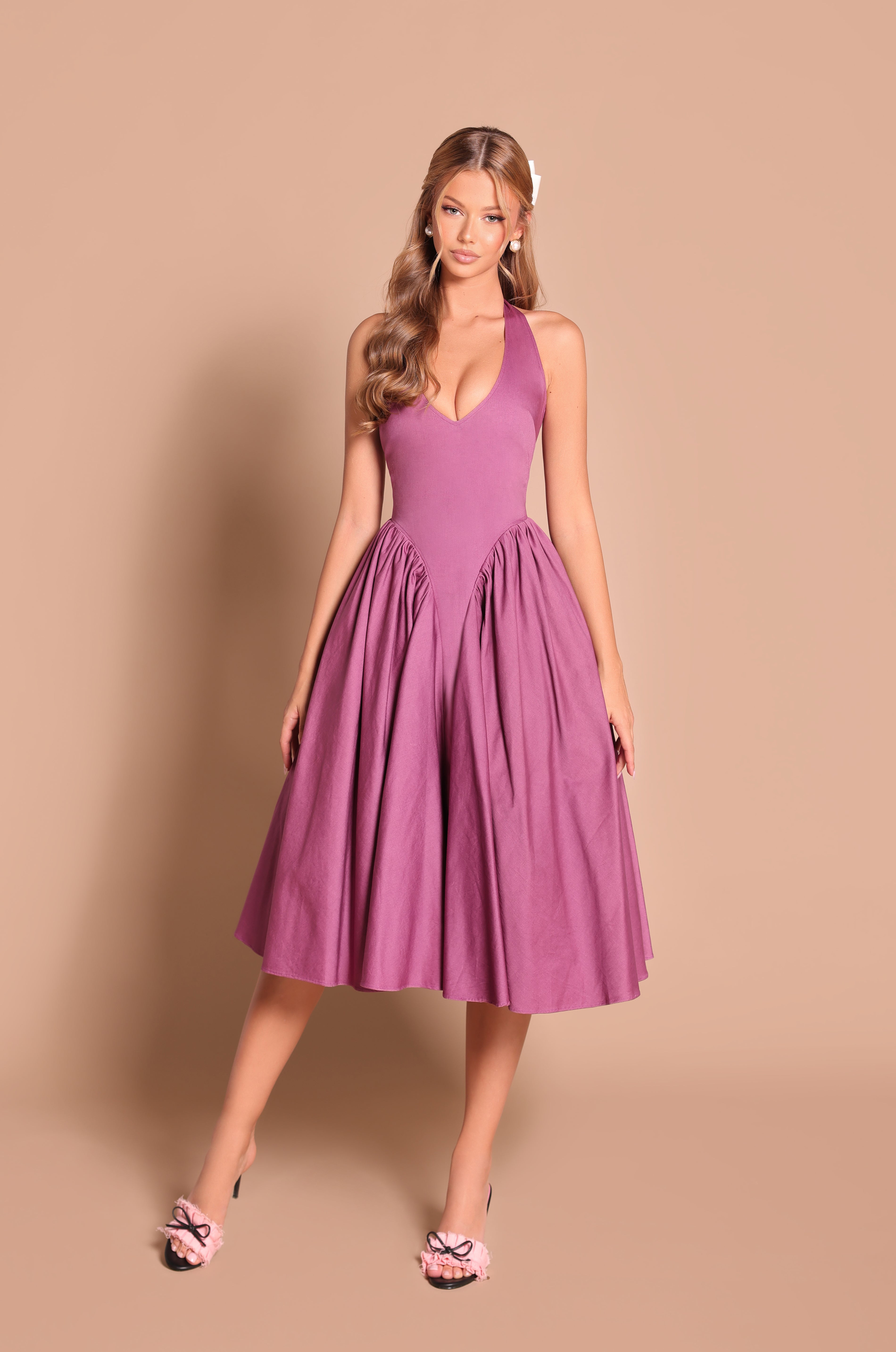 Vintage Rose Purple halter midi dress with fitted waist 