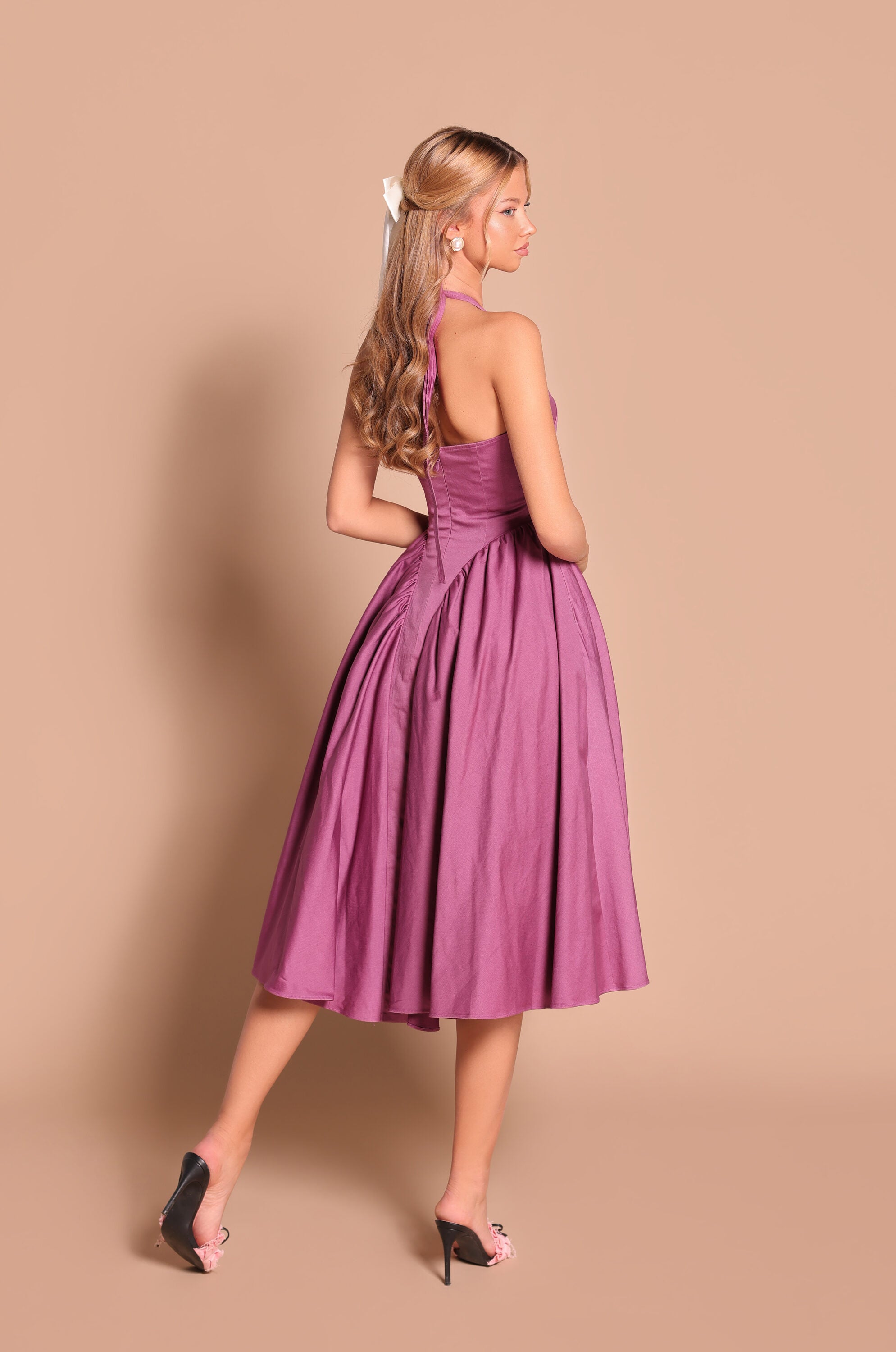 Vintage Rose Purple halter midi dress with fitted waist 