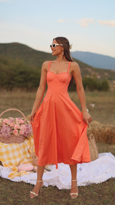 Papaya punch corset midi dress with sweetheart neckline 