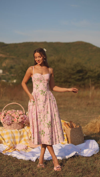 Blush pink floral corset midi dress with spaghetti straps 