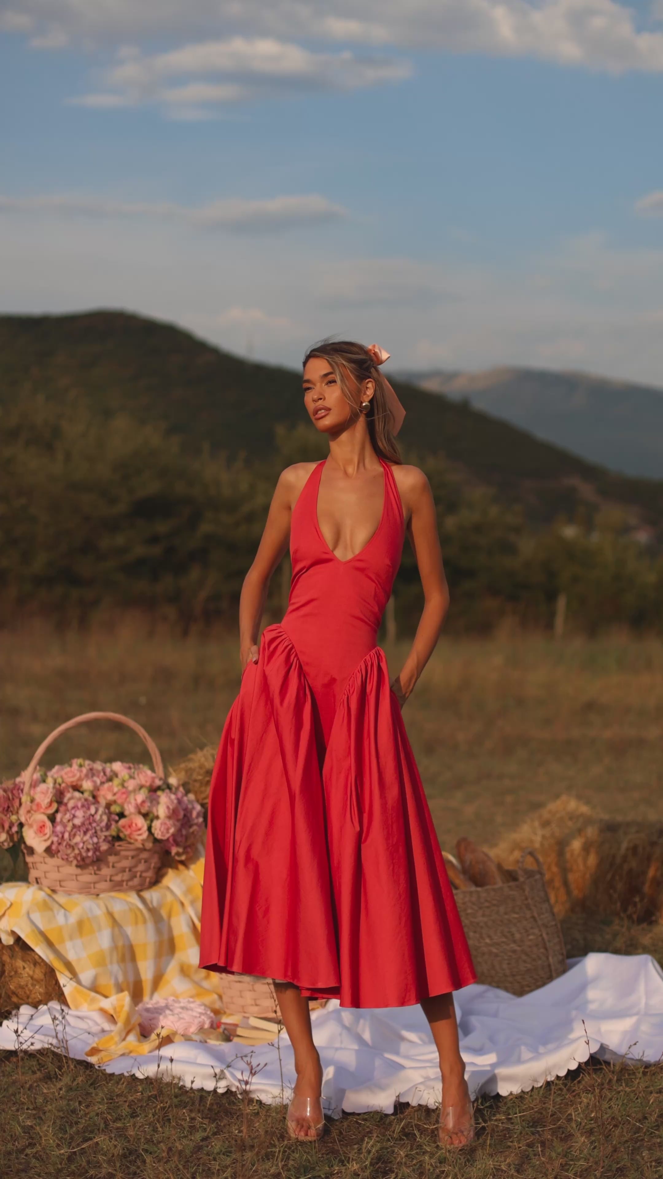 Winterberry Red halter midi dress with fitted waist 