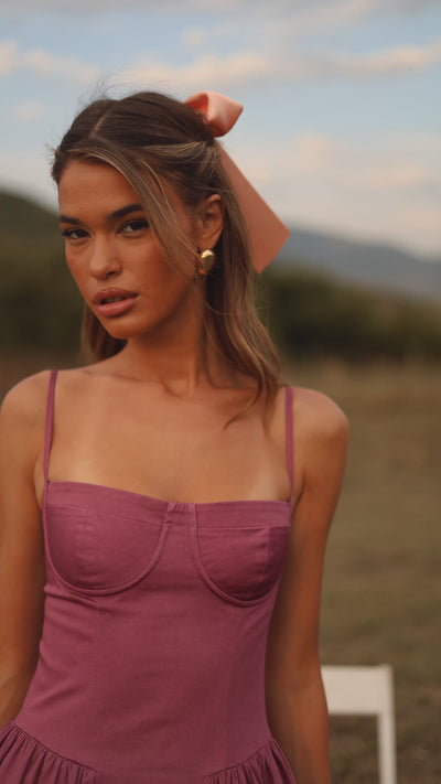 Damson purple corset midi dress with spaghetti straps 