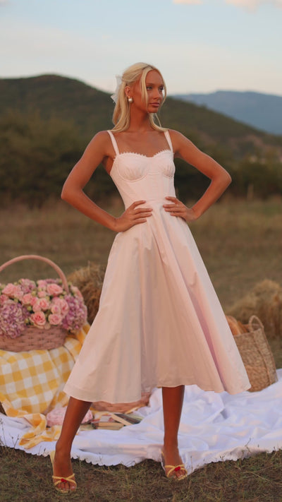 Primrose pink corset midi dress with sweetheart neckline 