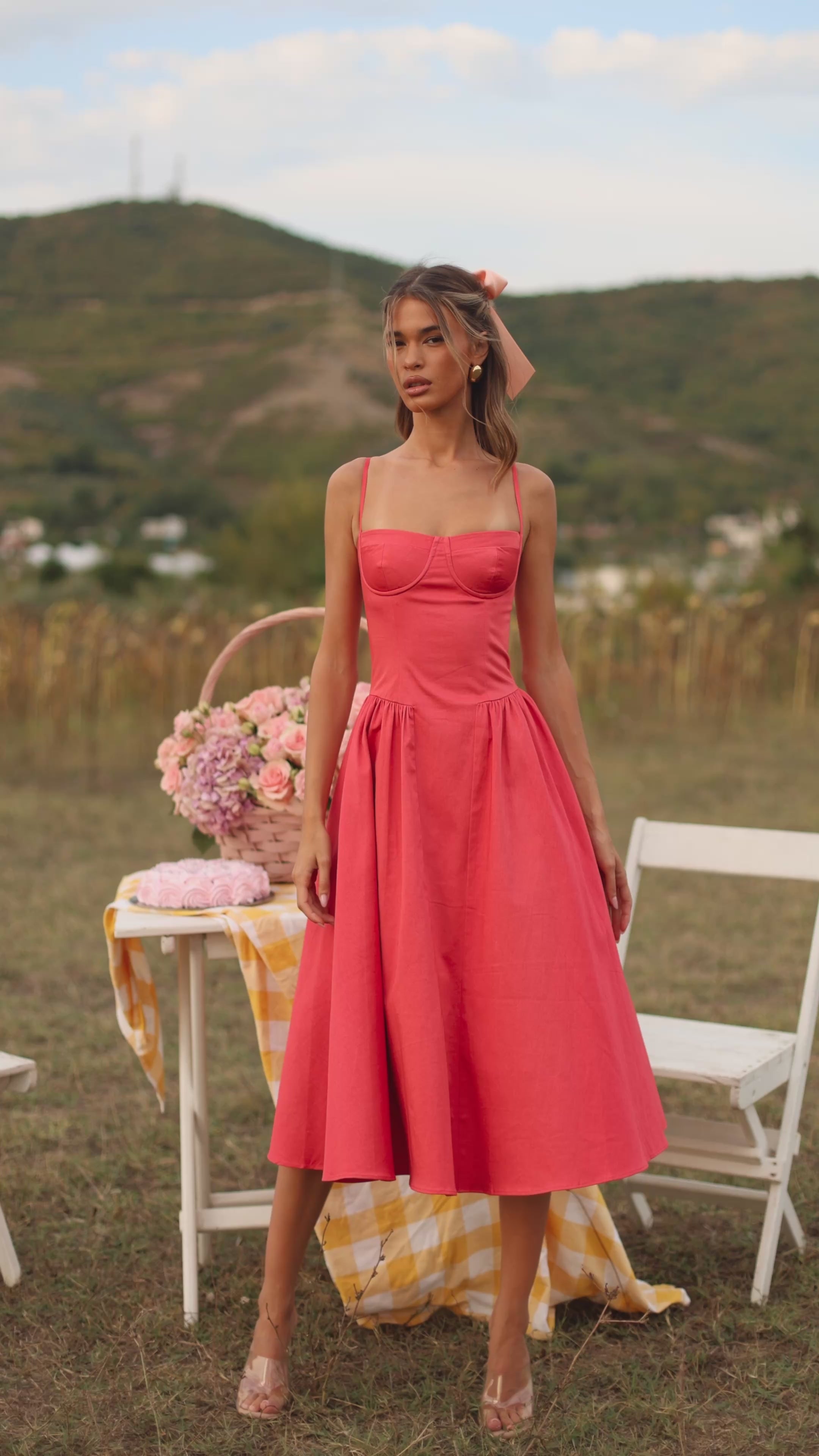 Winterberry red corset midi dress with spaghetti straps 