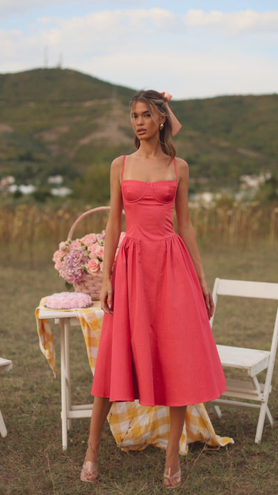 Winterberry red corset midi dress with spaghetti straps 